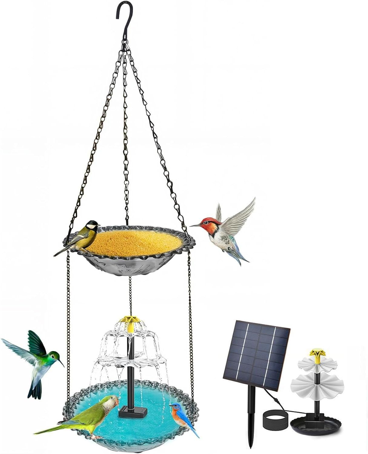 Hanging Bird Bath with Solar Fountain, Solar Birdbath, 9.25" X 27.6" H Double-Layer Hanging Bird Baths for Outdoors, Garden, Hummingbird (Gray) image number 1