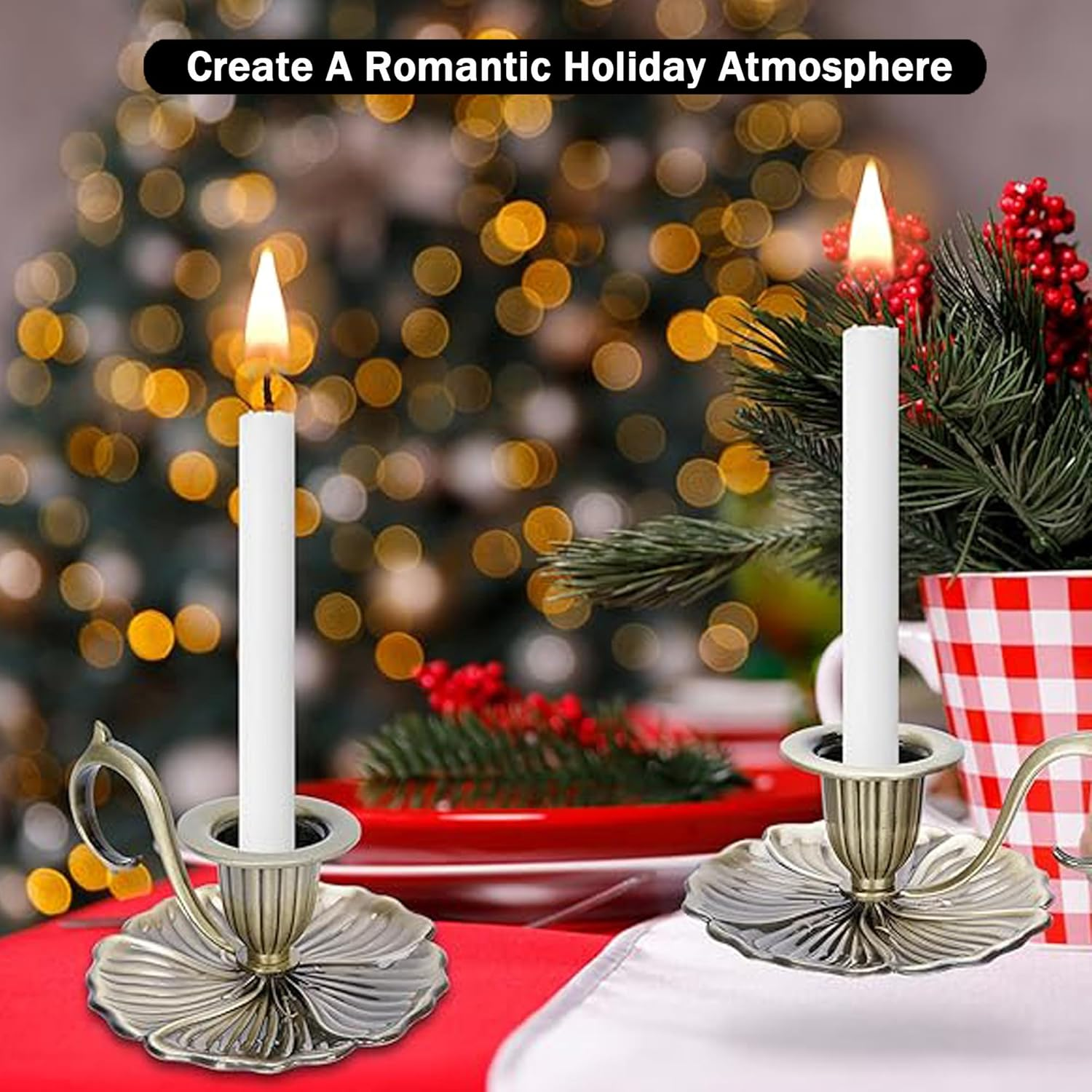 Ikare Vintage Candle Holders 2 Pack, Bronze Taper Candlesticks with Comfort Curved Handle, European Retro Home Decor for Wedding, Christmas, Farmhouse and Church Ceremony