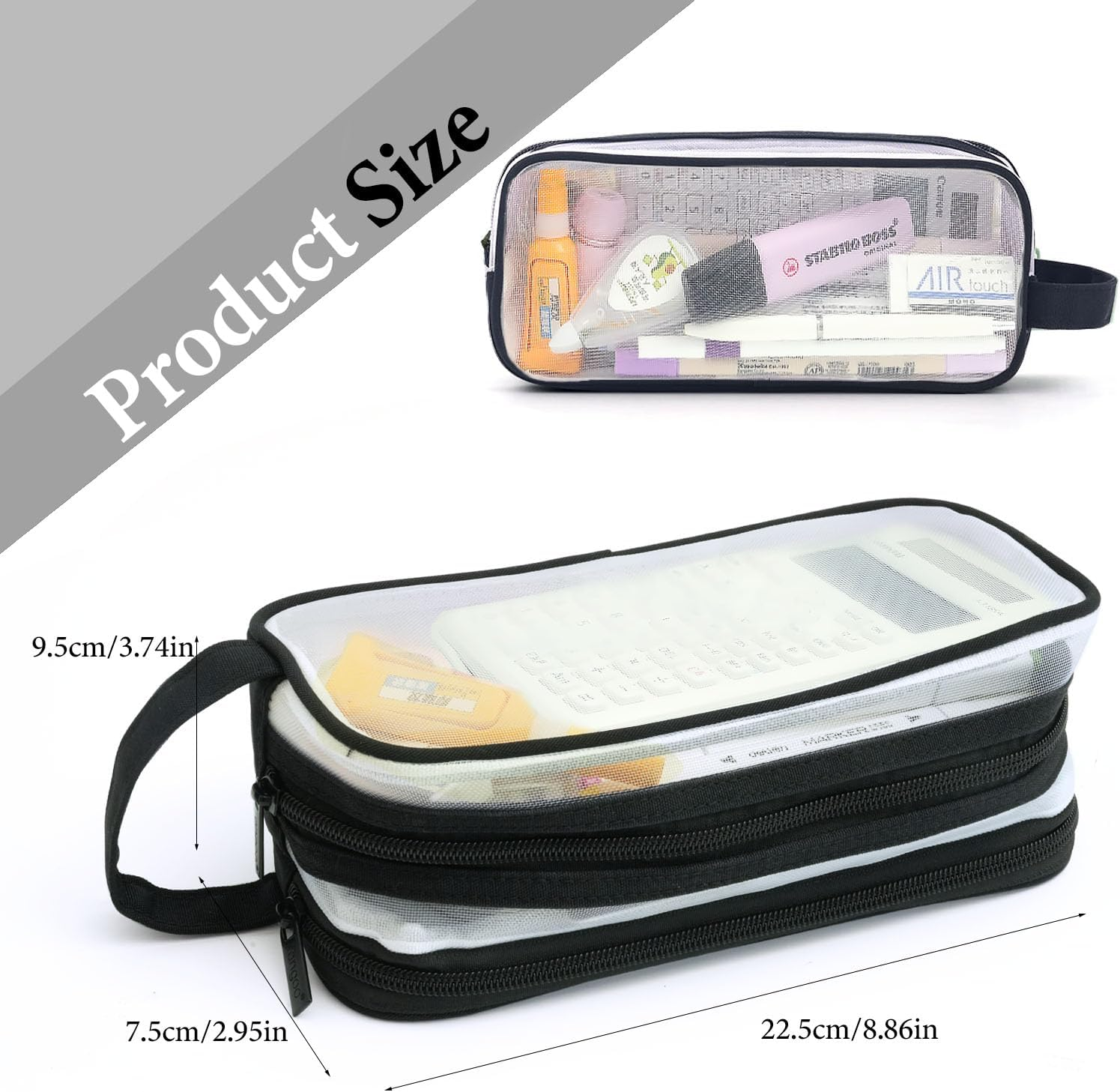 Large Grid Mesh Pencil Case 2 Compartments, Clear Pen Pencil Pouch with Zipper, Multifunction Transparent Stationery Bag for Student College Office Teen Boys Girls Makeup Bag for Adult Travel ( image number 7