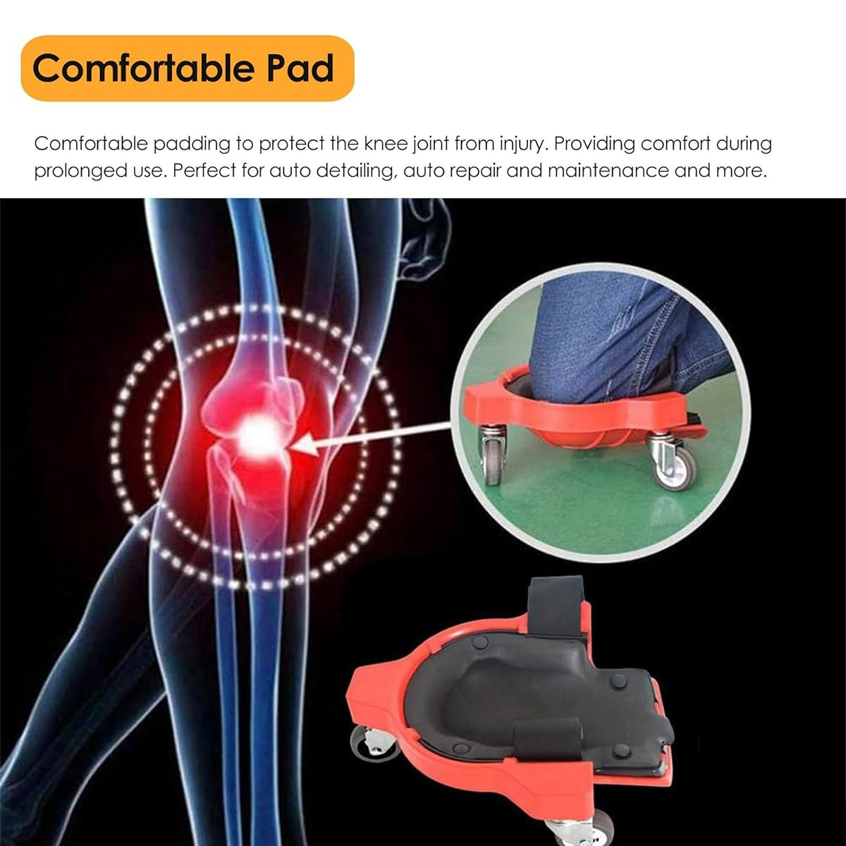 AIMALL Rolling Knee Pad with Universal Wheels Ergonomic Kneeling Mat for Bricklayer Floor Tile Car Repair Gardening Red Black Nylon ABS Metal 8.7In X 3.5In X 11.6In image number 3