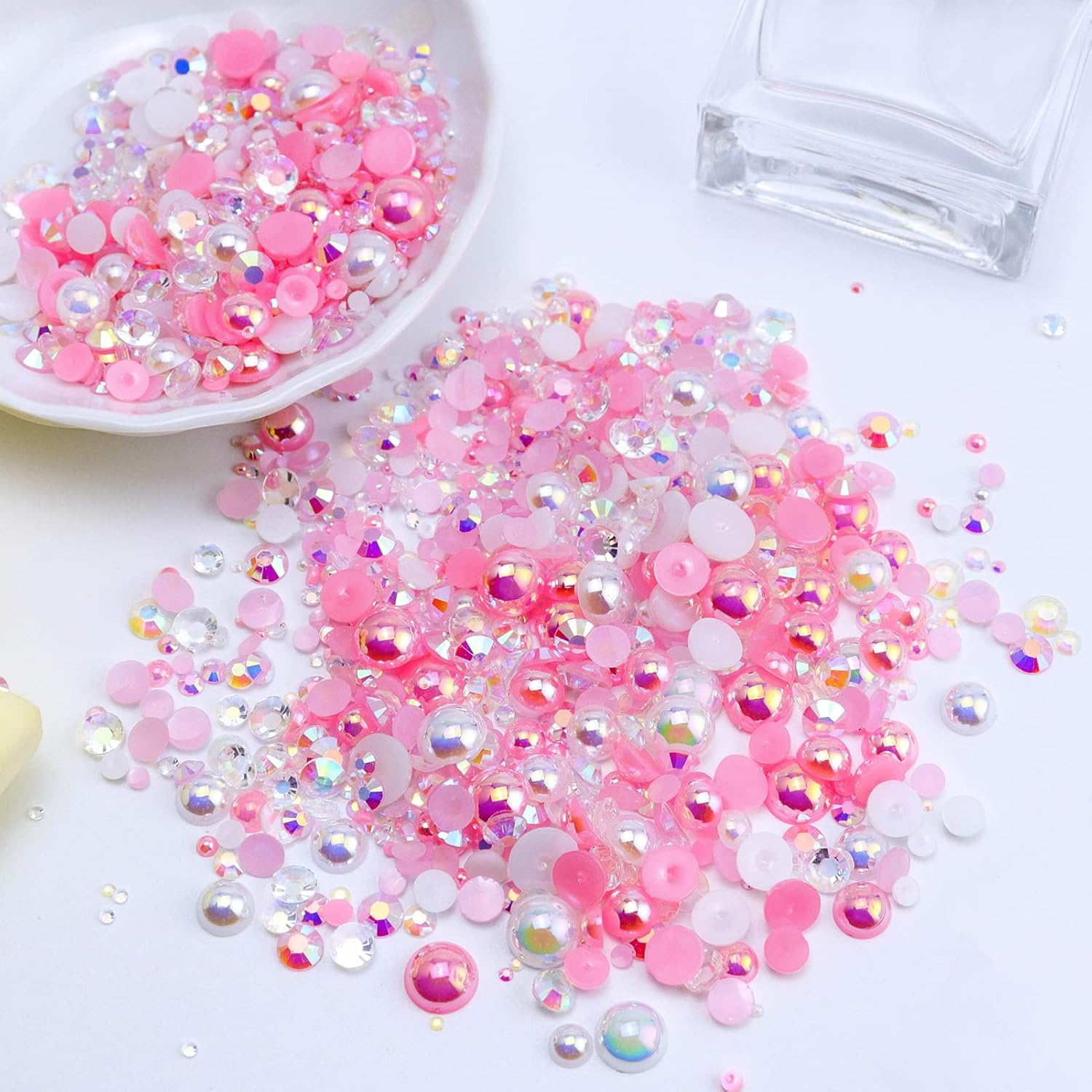 Briskbloom 3620PCS Flatback Pearls and Rhinestones, 60 Grams Mixed 2MM -10MM Flatback Jelly Rhinestones and Half Pearls for Crafts Nails Tumblers Shoes, Pink Marshmallow Blend | Mix White | Pinks image number 4