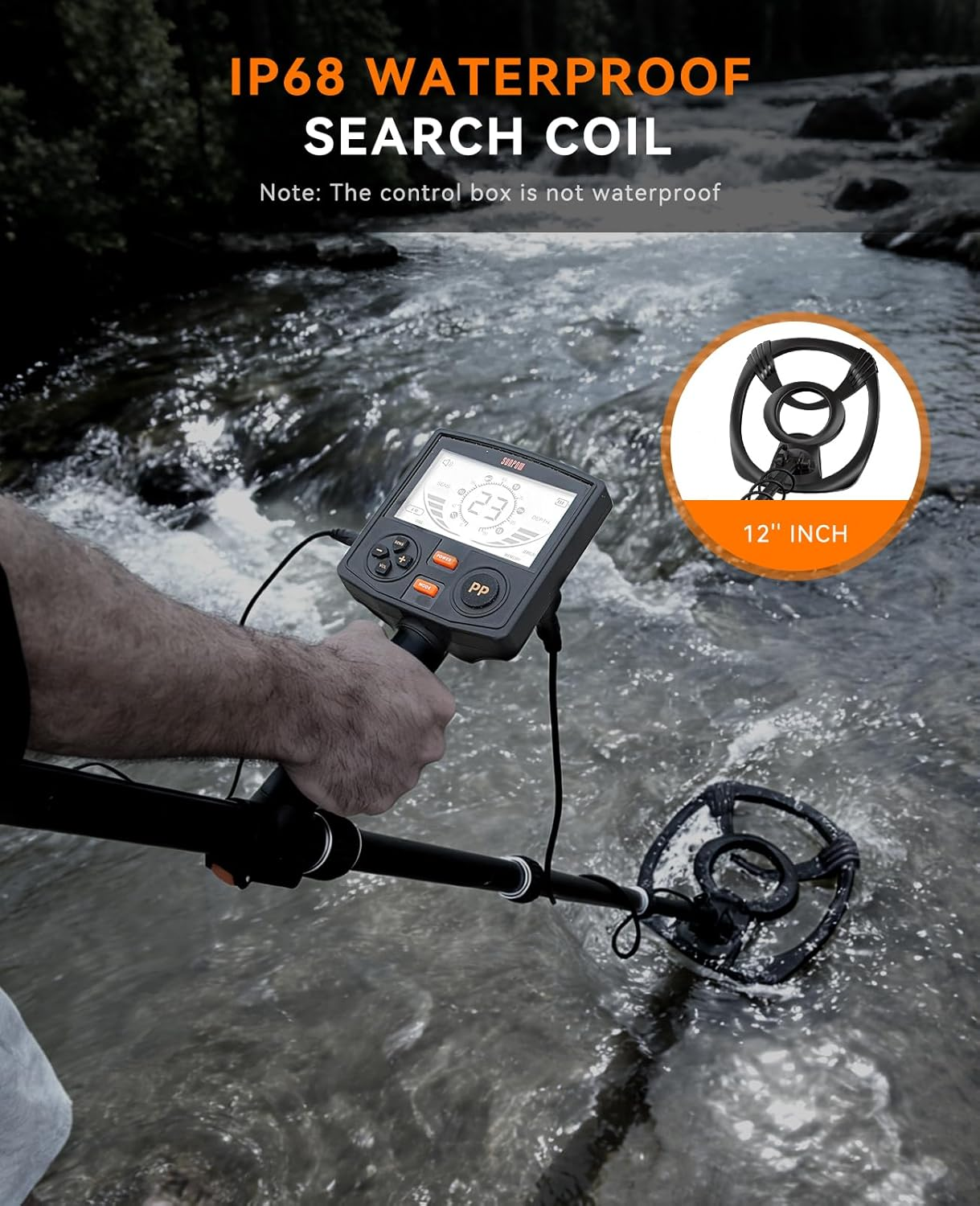 SUNPOW Metal Detector for Adults Professional - High Accuracy with 12" Waterproof Coil, 2X Backlit LCD Display, Advanced DSP Chip, 5 Modes, Adjustable Length (19"-59"), Sturdy Spiral Structure -OTMD14 image number 2