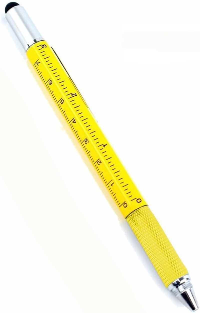 6 in 1 Tech Tool Pen with Ruler, Ballpoint Pen, Levelgauge, Stylus and 2 Screwdriver, Sturdy Aluminum Multifunction Tools Pen for Smartphones and Tablets (Yellow) image number 1