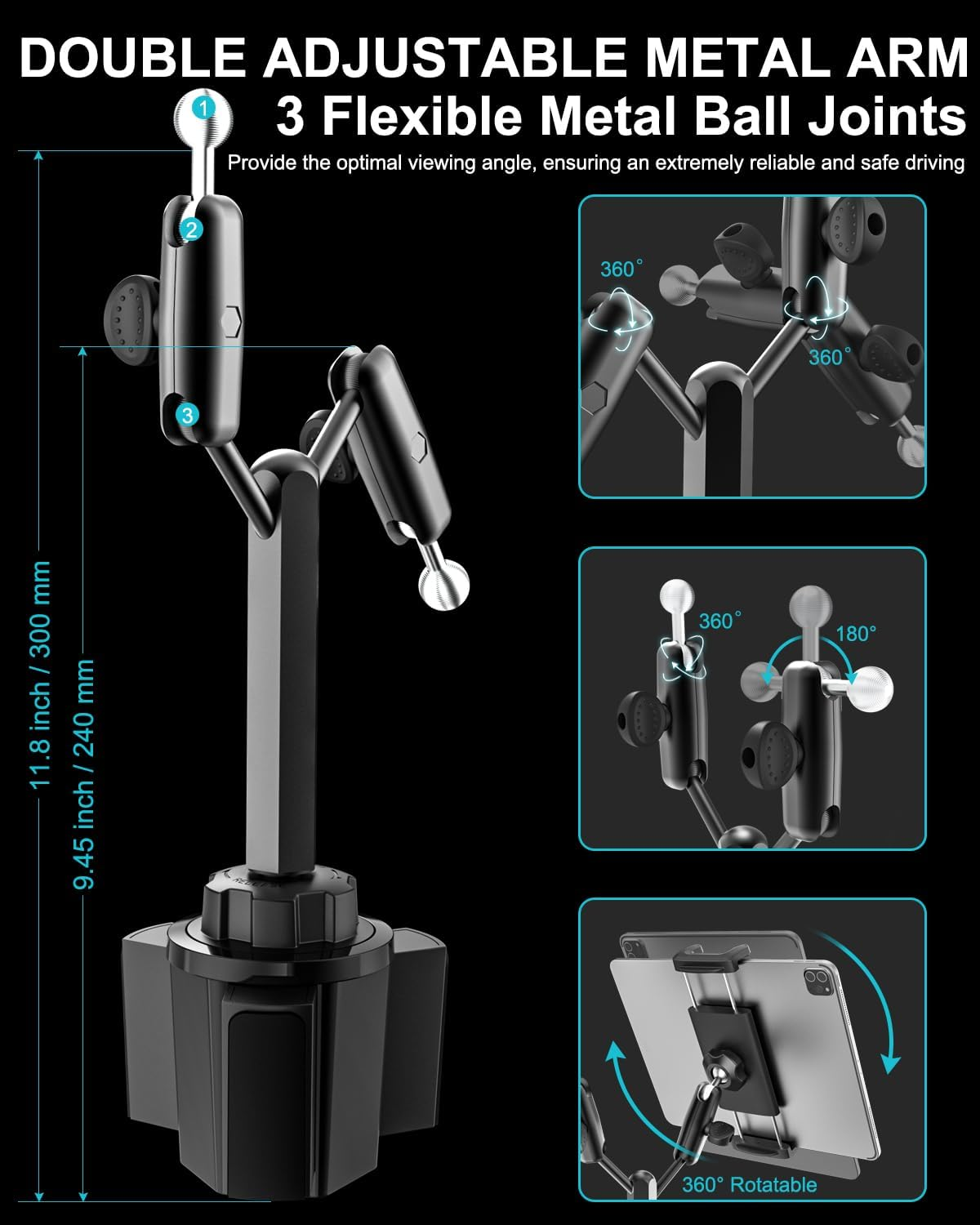 EXSHOW Car Cup Holder Tablet Mount, Heavy Duty Dual Tablet Holder for Truck, [Double Metal Arm] Adjustable Cupholder Compatible with Ipad Pro 13 12.9 Mini Air, ELD, Galaxy Tab, Iphone, 4-13" Device image number 4