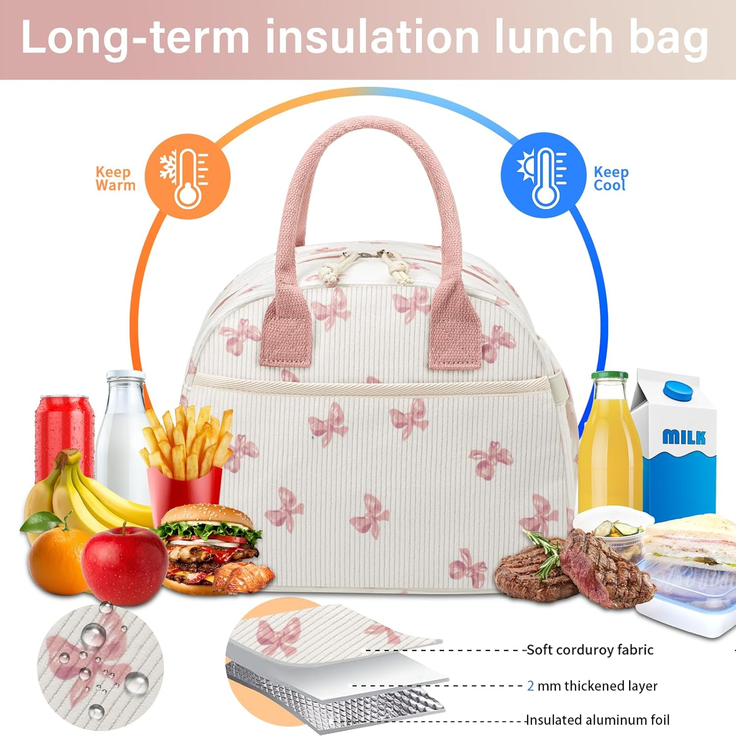 Carry Bloom Lunch Box for Women, Insulated Lunch Bag Cute Corduroy Lunchbag Reusable Lunchbox for Work (Bow Pink) - 1 Green White Stripes image number 7