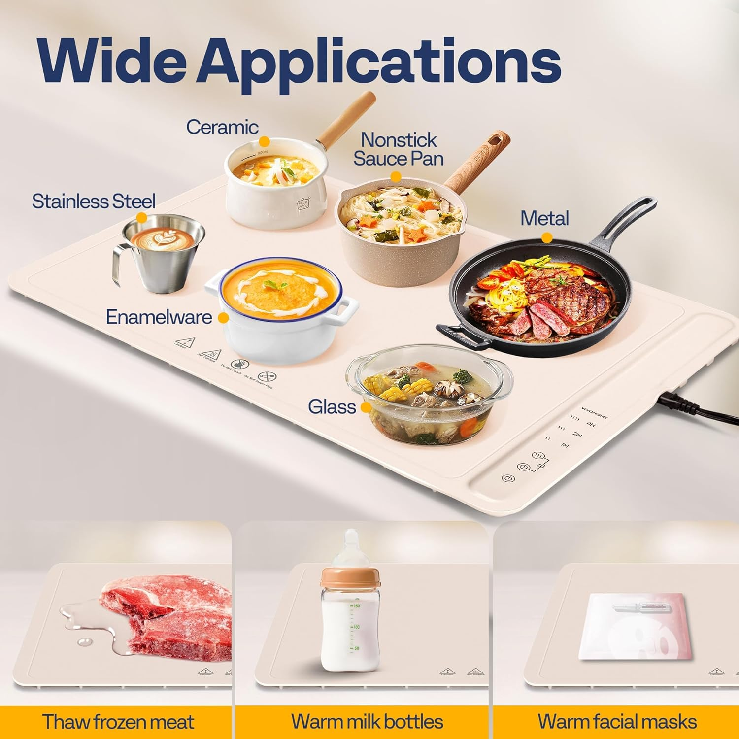 Food Warming Mat for Buffets, Full Surface Heating 3-Level Temperature and Timer Setting, Automatic Child Safety Lock, Electric Silicone Food Warmer for Parties, Gatherings, Khaki image number 4