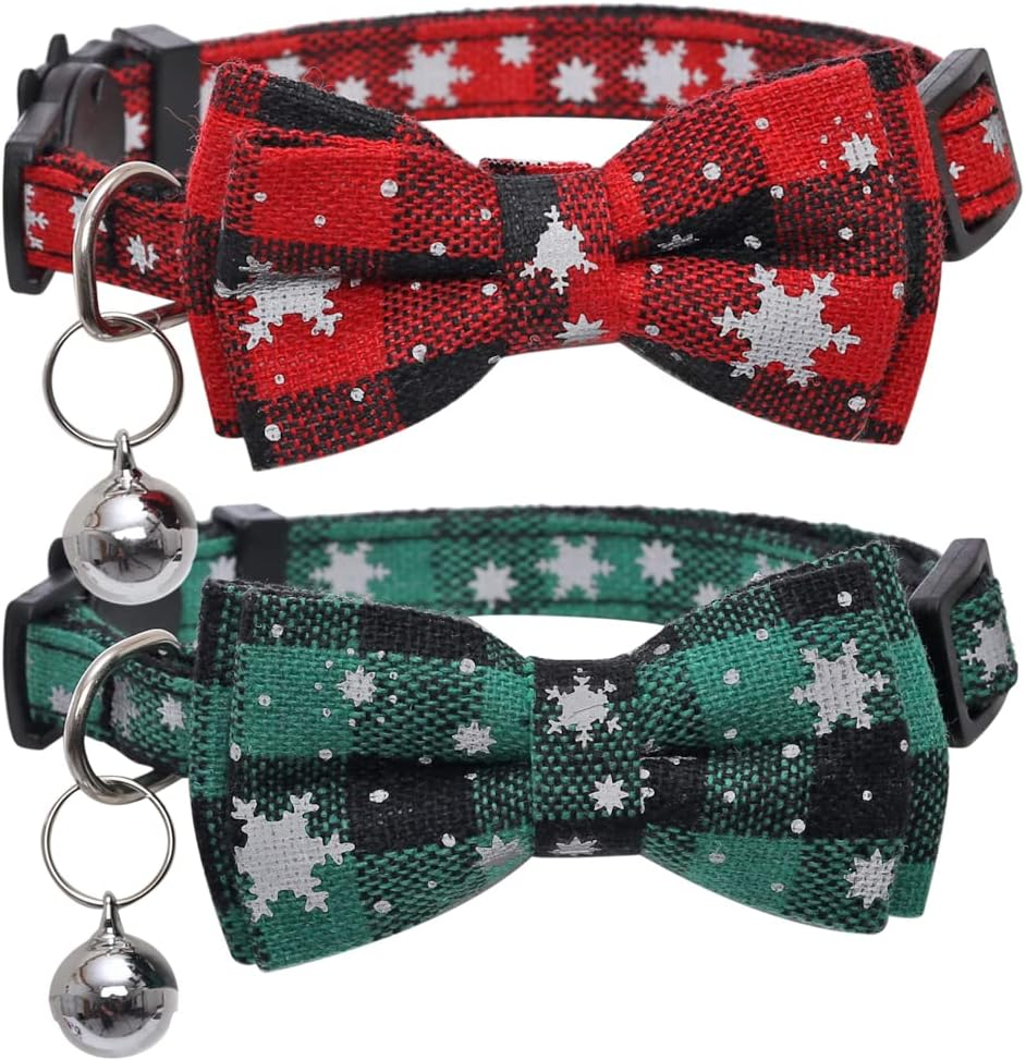 2 Pack/Set Cat Collar Reflective Breakaway with Cute Bow Tie and Bell Plaid for Kitty Adjustable Safety