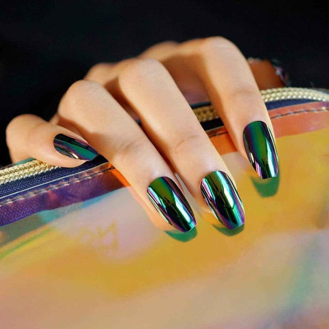 24Pcs Fake Nails Full Cover Metallic Mirror Effect Coffin Blue Purple Nail for Home Beauty Salon image number 2