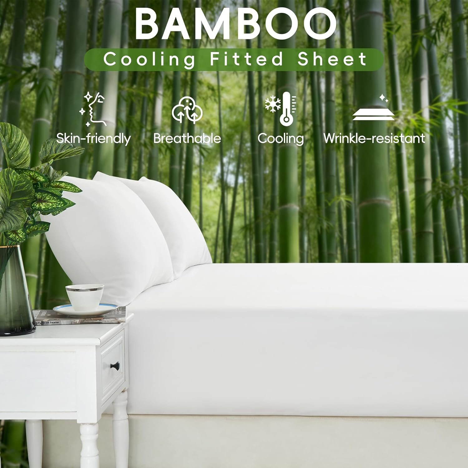 LINENOVA Bamboo Cooling Fitted Sheet Queen (1 Piece)- 2000TC Ultra Soft & Breathable, Ideal for Hot Sleepers, 40Cm Deep Pocket, All-Season Comfort - White image number 5