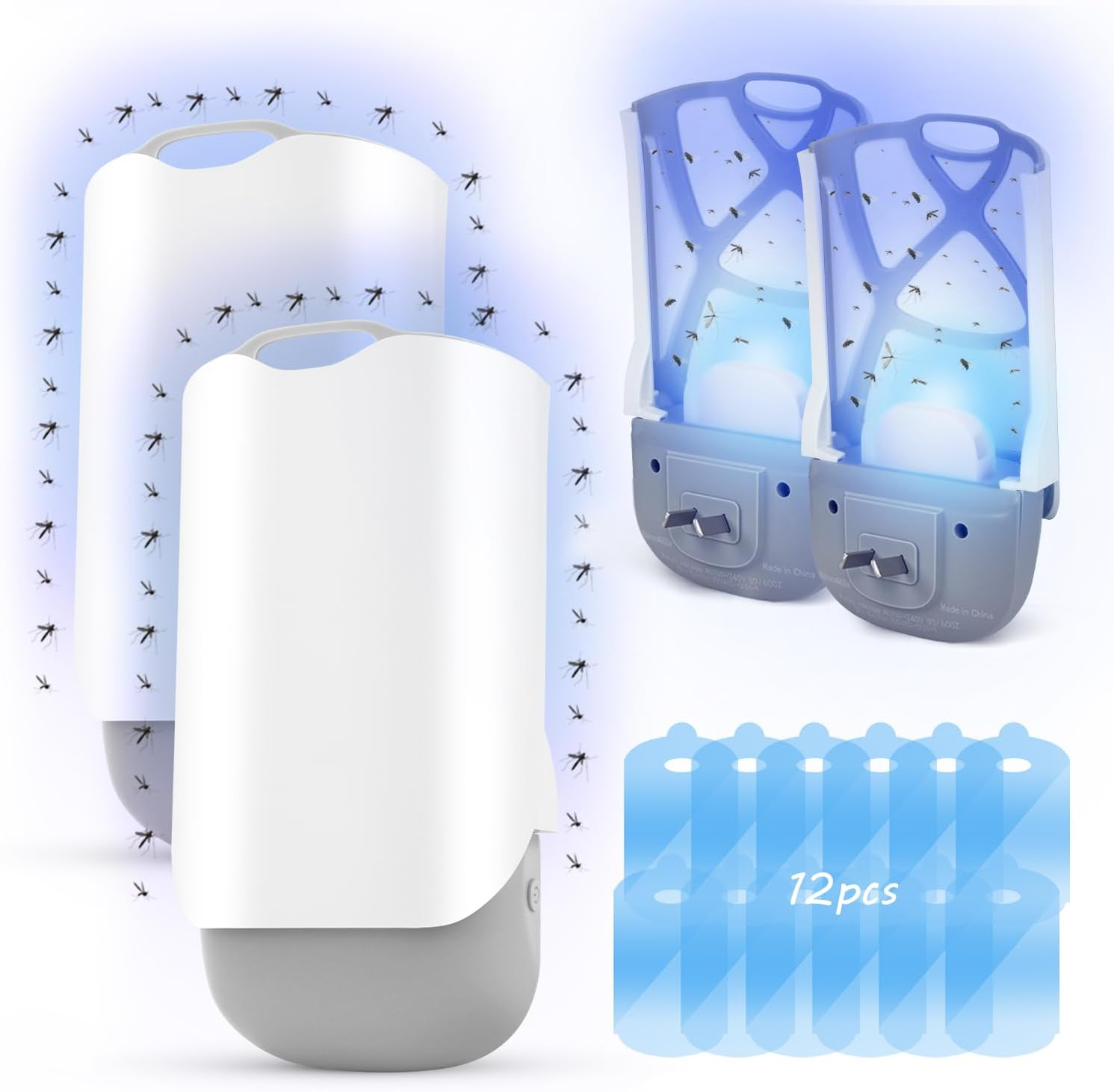 Necomi Flying Insect Trap, Upgraded Mosquito Killer for Indoors, Bug Zapper, with Night UV Light Captures Flies, Mosquito Killer for Flies, Fruit Flies, Moths, 2 Device+12Pcs Adhesive Cards（ AU 2PCS）