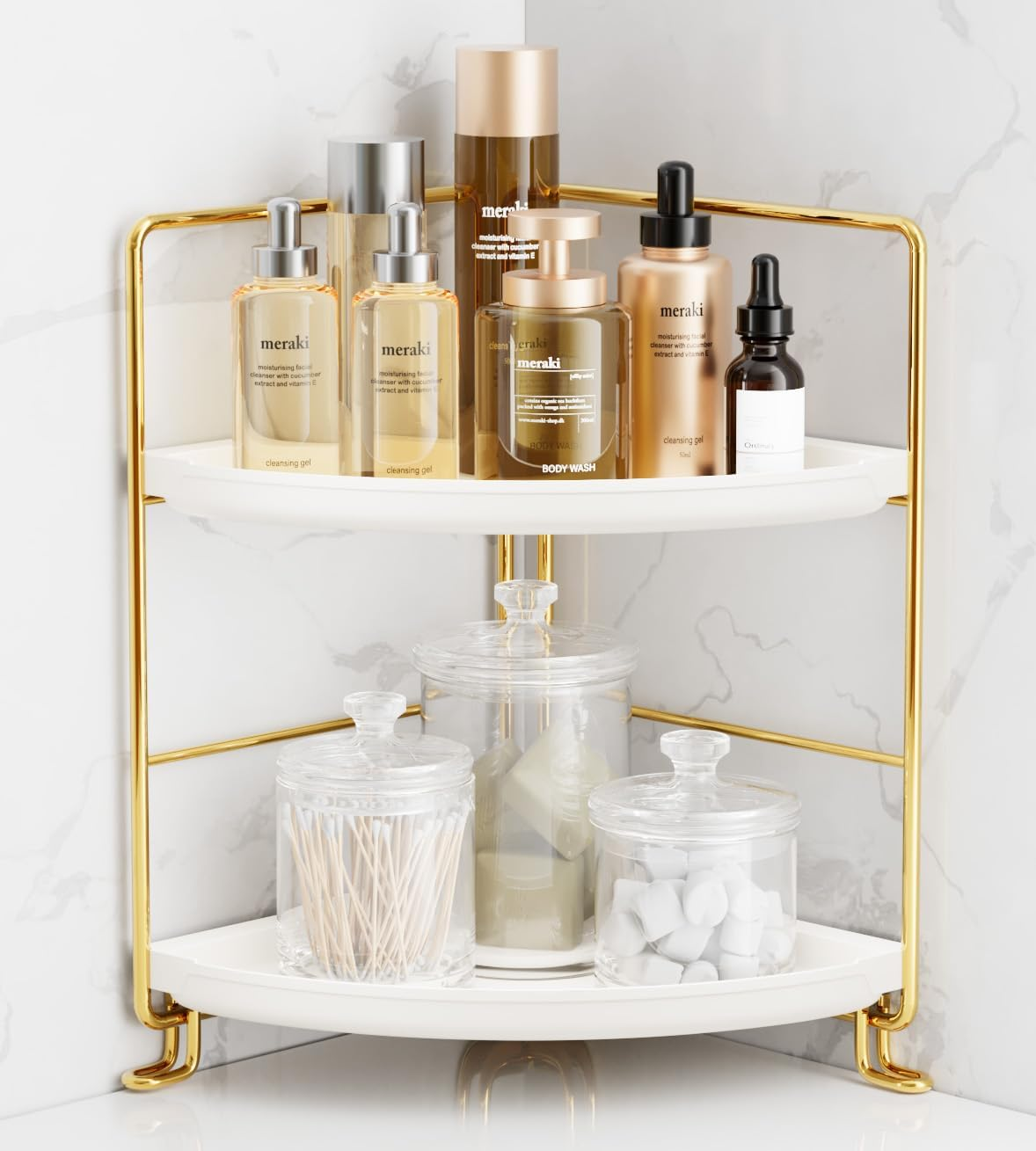 Fsyueyun 2-Tier Corner Bathroom Countertop Organizer, Kitchen Spice Rack Makeup Storage Shelf Vanity Bedroom Storage Tray (Gold)