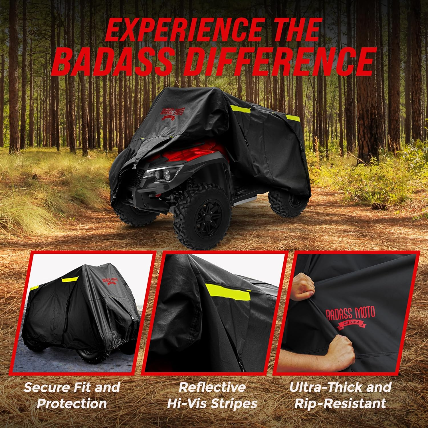Badass Moto ATV Covers Waterproof Outdoor Ultimate Heavy Duty, Night-Reflective Quad Cover, 4 Wheeler Cover, Easy-Access Zipper & Vents Four Wheeler Accessories - ATV Gifts, Large 95" Long image number 1