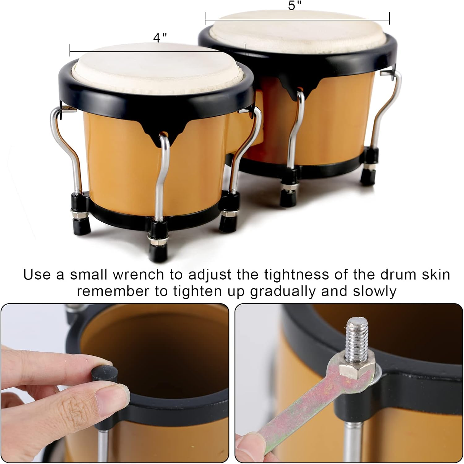 EASTROCK Bongo Drums 4" & 5" Set for Adults & Beginners - Authentic Natural Skin Heads & Durable Plastic Shell, Portable Bongos with Tuning Wrench (Brown) image number 2