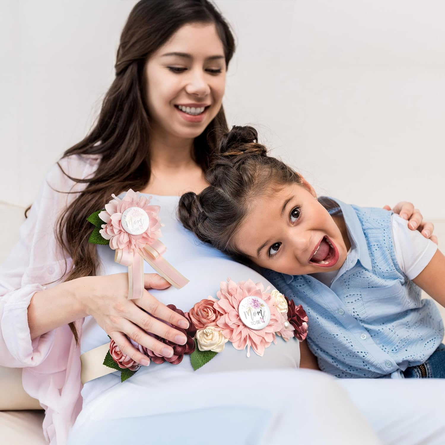 Mom to Be Pink Pregnancy Belly Band Floral Maternity Sash Belt for Baby Shower with Daddy to Be Pin, Gender Reveal Decorations for Mommy, Soft Chiffon Flower Sash Maternity Photography - Lotus Root Pink image number 5