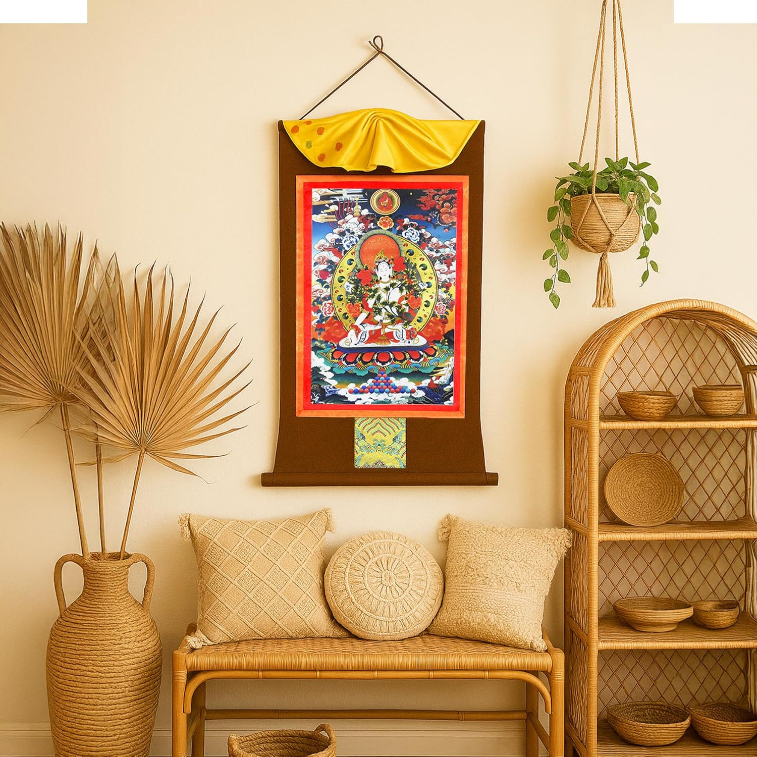 Mudra Crafts Extra Large White Tara Tibetan Thangka Buddha Wall Art - Handmade XXL White Tara Thangka Buddhist Tibetan Painting Yoga Zen Mediation Altar Wall Hanging D&eacute;cor - Green,White image number 1