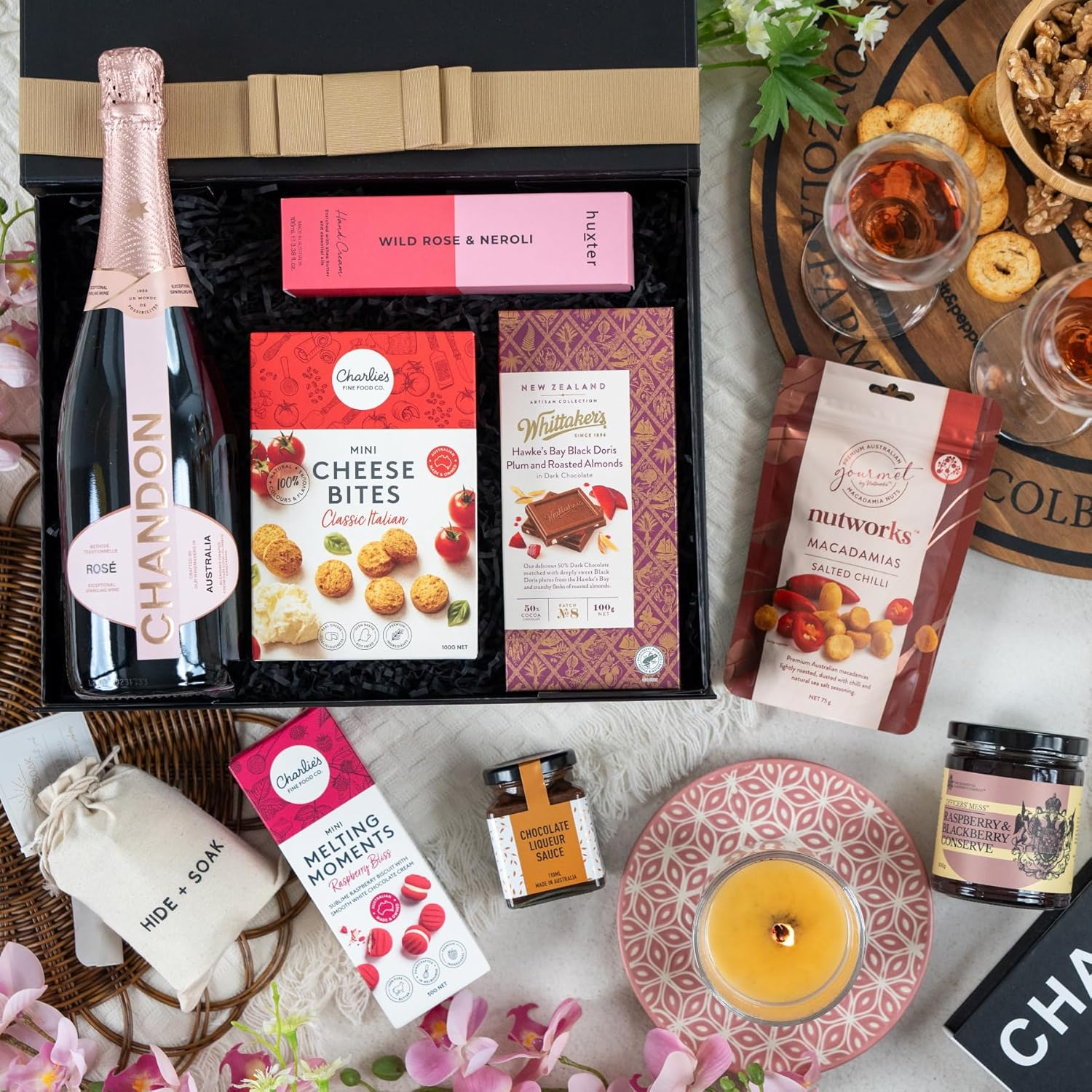 Chandon Rose Luxury Selection Hamper | Celebration Gift Set: Rose Champagne, Cheese Bites, Melting Moments, Blend, Wild Rose & Neroli, Salted Chilli Macadamias, Chocolate Liqueur Sauce, Fruit Preserve, Plum & Almonds