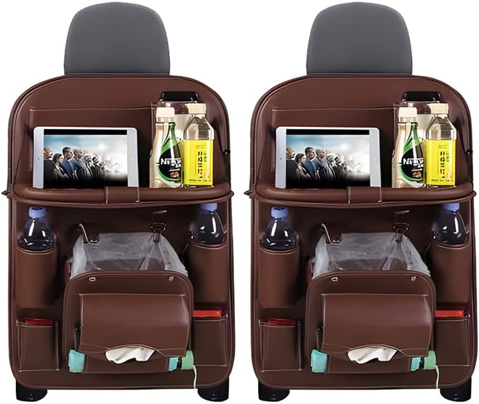 2X PU Leather Car Seat Back Organiser Storage Bag Foldable Table Tray Cup Holder (2X)