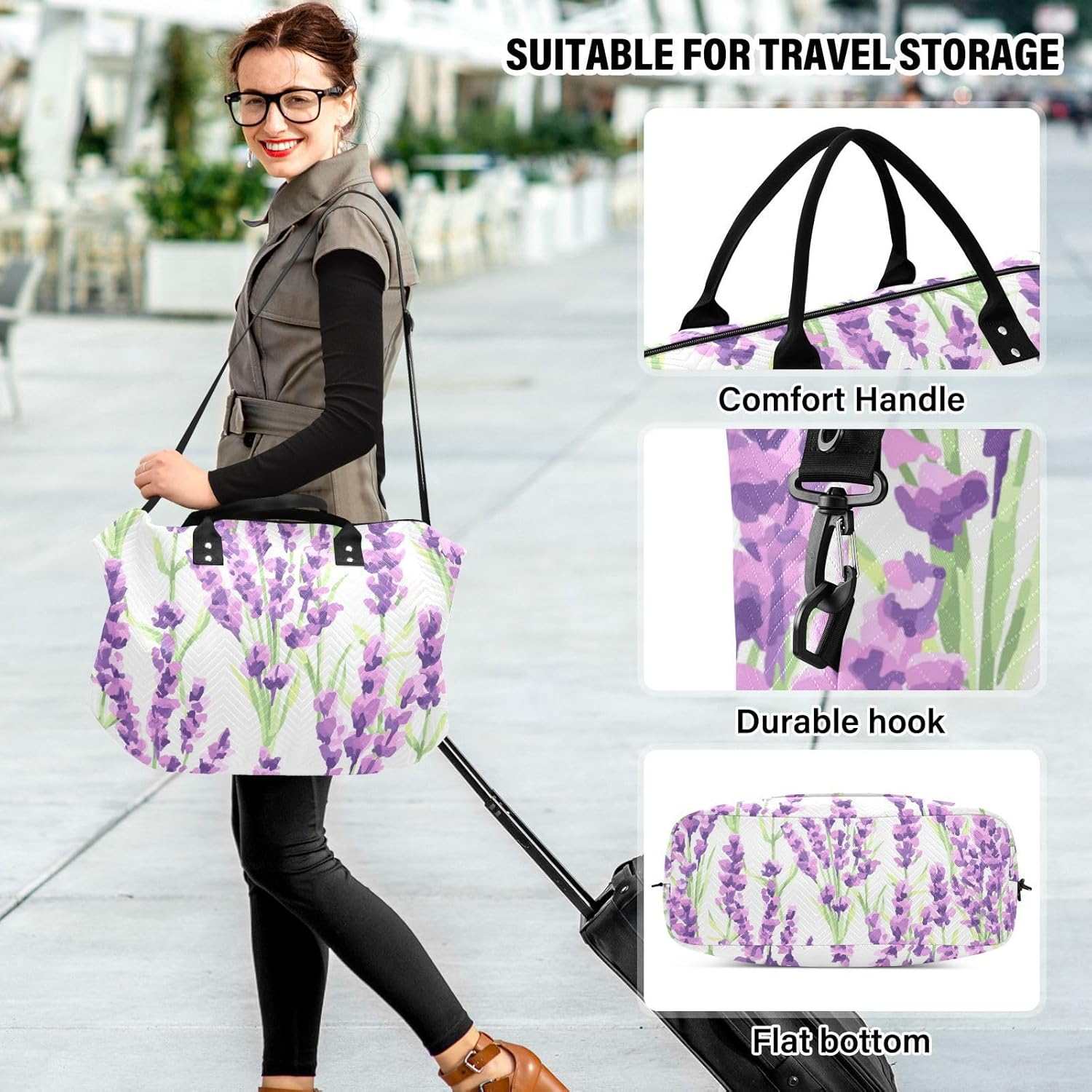 Duffel Bag Shoulder Weekender Overnight Bag Purple Lavender Flowers Gym Duffel Bag with Adjustable Strap for Sports, Purple Lavender Flowers, Set of 2, Art Deco image number 2