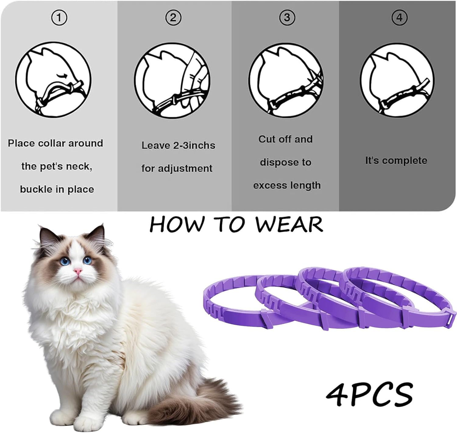 4 Pack Cat Calming Collar Calming Collar for Cats - Pheromone Infused, 30-Day Long Calm Effect, Water-Resistant Adjustable Collars for Small/Medium/Large Cats (Purple) - Black image number 7