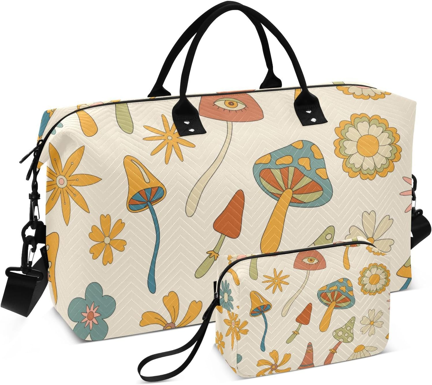 Oversized Travel Duffel Bag Travel Weekender Gear Bag Retro Woodland Mushrooms Flowers Gym Tote Bag with Adjustable, Retro Woodland Mushrooms Flowers, Set of 2, Art Deco image number 3