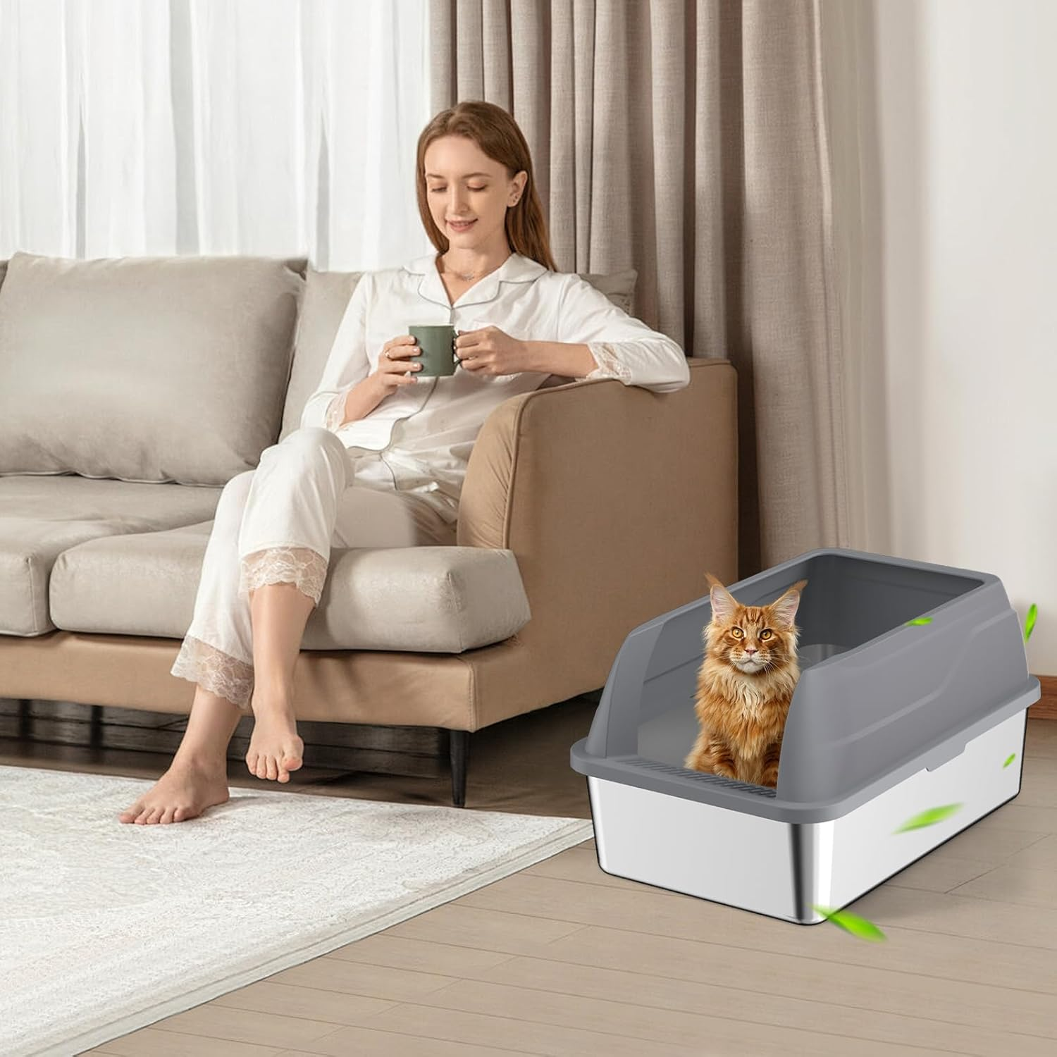 Amibud 2 Pack XL Metal Cat Litter Box with Lid Scoop-Extra Large Stainless Steel Litter Boxes for Big Cats, Kitty Litter Pan Tray Cat Toilet with High Wall Enclosure image number 4