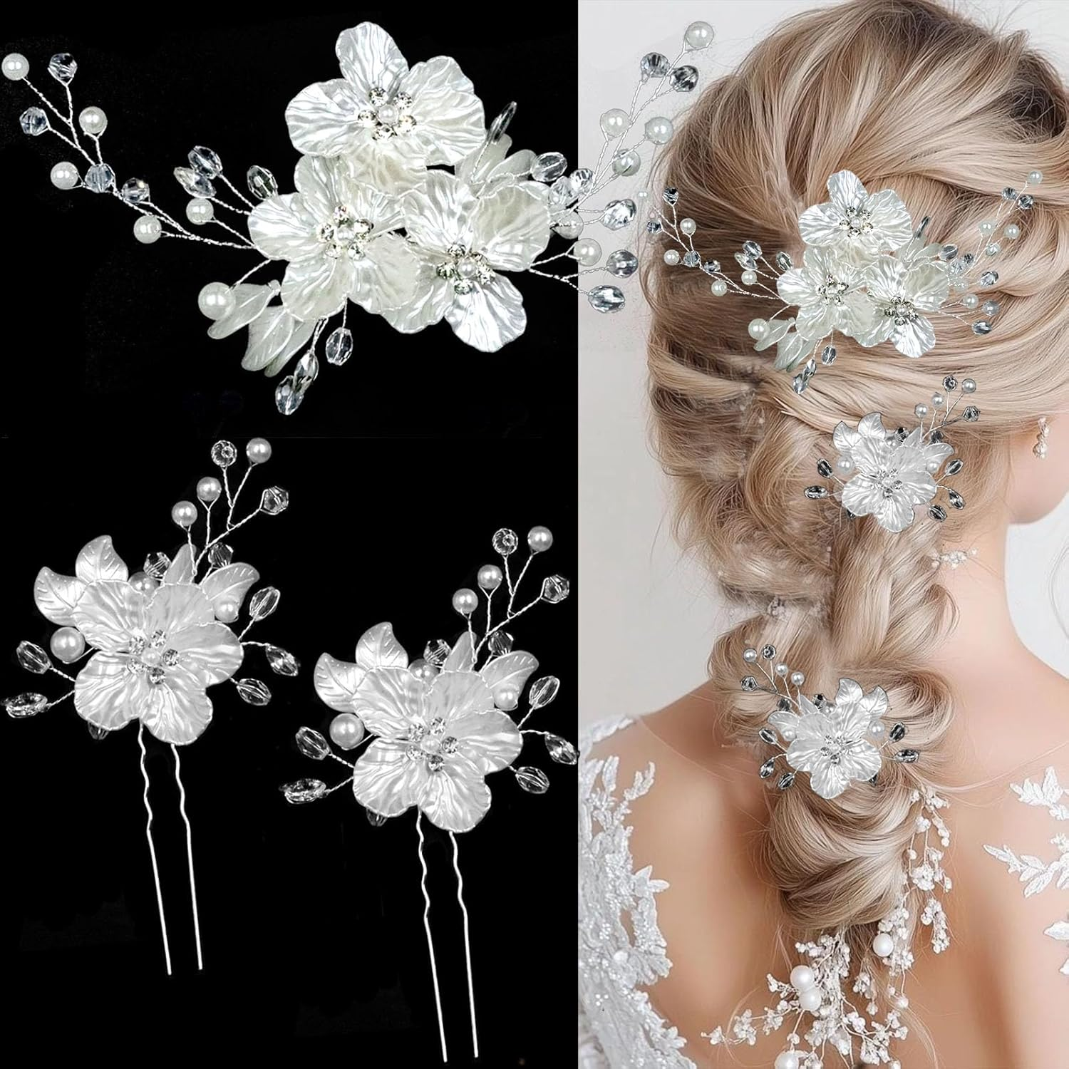 Vesavifaka Pack of 3 Bridal Hair Accessories Wedding Large Flowers Crystal Beads Hair Clips Headpiece Bridal Hair Accessories with Rhinestones Glitter Embossing Part White Flower