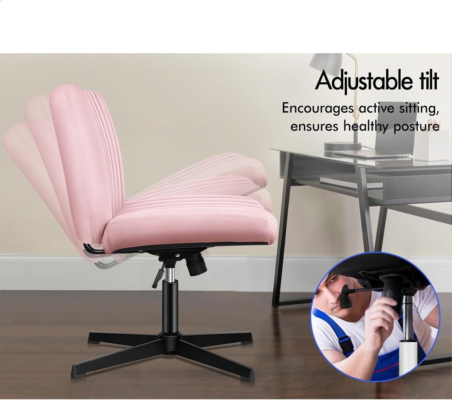 ALFORDSON Criss-Cross Desk Chair with Cross Leg Ottoman Stool, Xavi Series, Velvet Upholstery, Ergonomic Armless Office Chair with Channel-Tufted Mid-Back Design, 180Kg Capacity, Pink image number 6