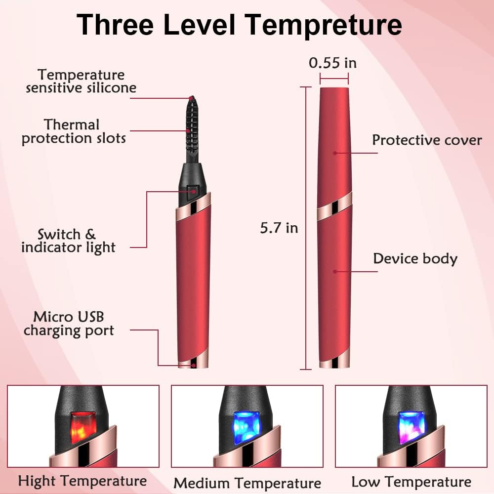 Heated Eyelash Curler, Rechargeable Electric Eyelash Curlers, Portable Lash Curler with Eyelash Comb for Eye Lash Quick Natural Curling and Long Lasting -3 Temperature Gear (2020 NEW Version) - Red image number 2