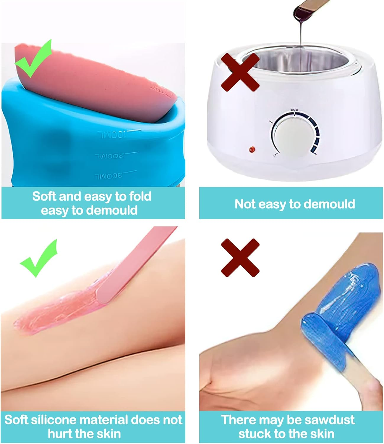4 Pcs Silicone Wax Warmer Liner, Non-Stick Wax Melt Liner，Easy to Clean Wax Warmer for Hair Removal, Wax Pot for Hair Removal with 4 Pcs Silicone Stirring Bar (Red, Pink, Blue, Yellow) image number 6