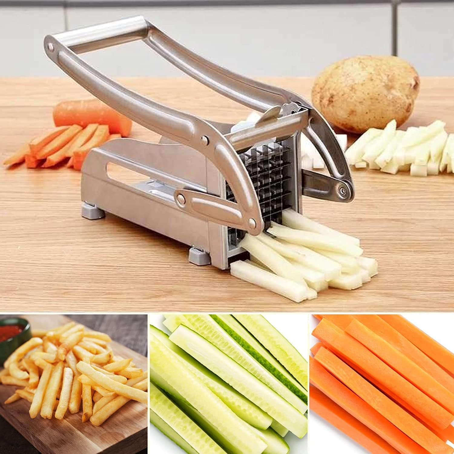 French Fry Cutter with 2 Blades,Potato Chipper, Stainless Steel Vegetable Potato Cutter Chips Cutting Machine with Non-Slip Feet Kitchen Tool Accessories for Carrots Vegetables Fruits image number 6