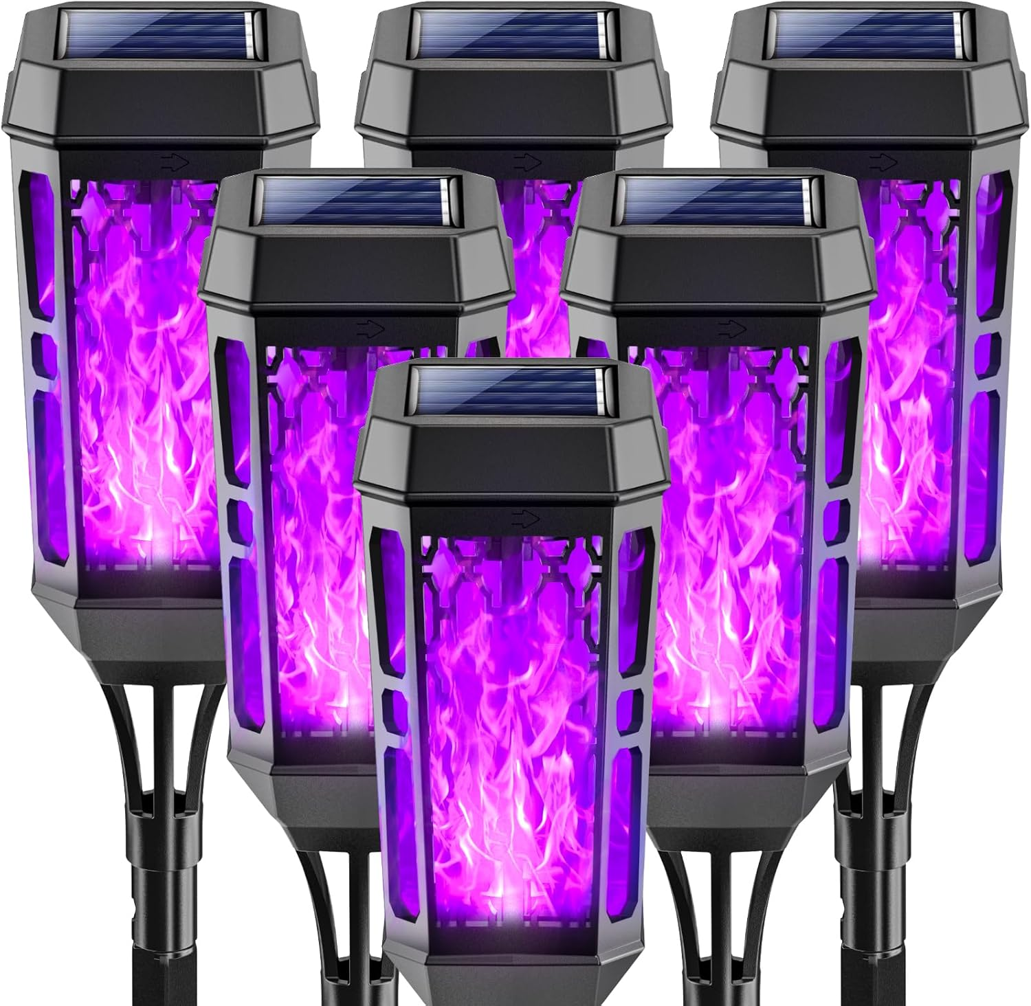 Solar Torch Flame Lights, LED Solar Lights Outdoor with Flickering Flame, IP65 Waterproof Solar Pathway Light Landscape Decoration Lighting for Garden Lawn Patio Yard Outdoor (Black+Purple, 6)