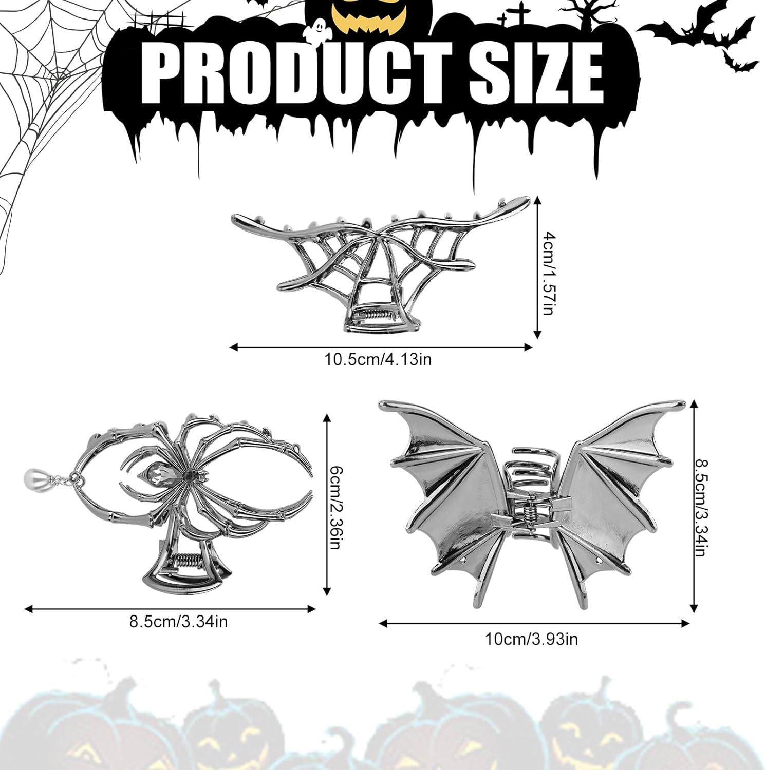 Fukaisu 3 Pcs Halloween Hair Claw Clips for Women & Girls, Gothic Metal Hair Accessories with Hollow Design Spider Web Bat Spider Claw Clips for Halloween Party Cosplay image number 1