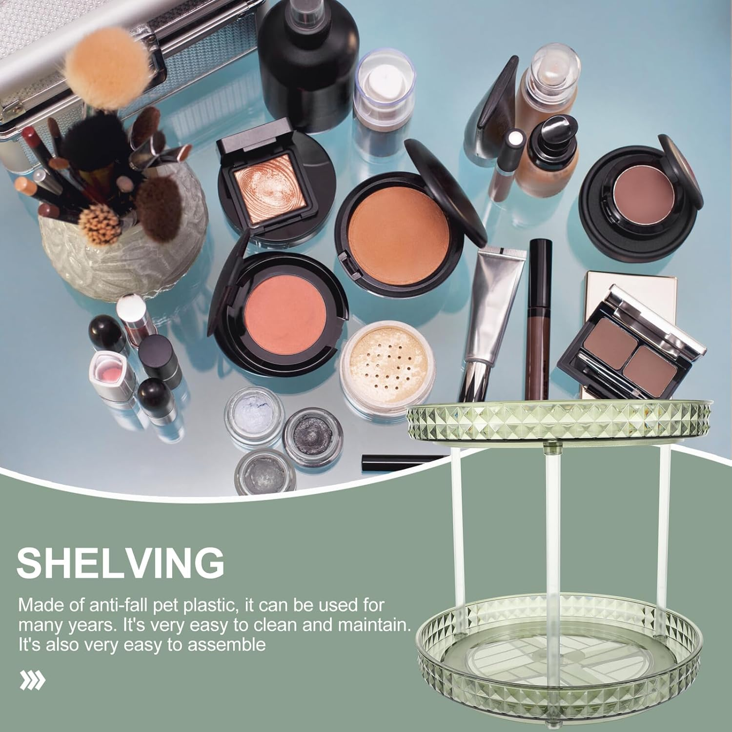 CATIEBYE Rotating 2 Tier Perfume Rack Green Cosmetic Tray Double Layer Makeup Organizer for Home Vanity Skincare Storage Display