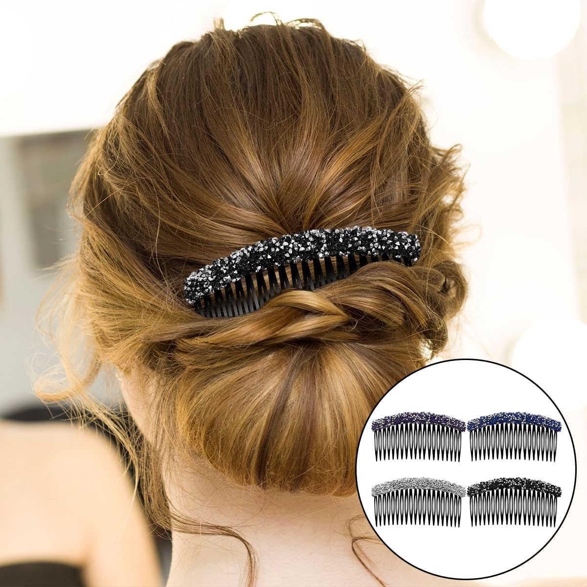 NILLOS Rhinestone Hair Side Combs, 4 PCS Plastic Claw Rhinestone Hair Accessories for Women, Girls (White, Black, Blue, Purple) image number 6