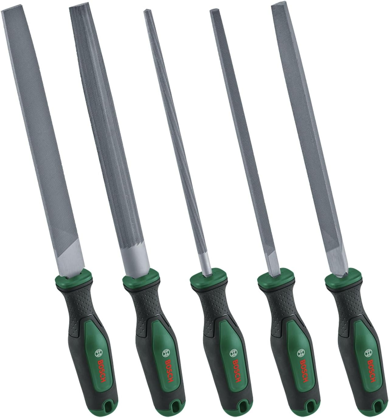 Bosch File Set 5-Piece (Robust Metal File Set Incl. Round/Half-Round/Flat/Triangular/Square Files; Hard Carbon Steel; Shaft Length 200Mm; Medium Stroke 2; Ergonomic Softgrip)