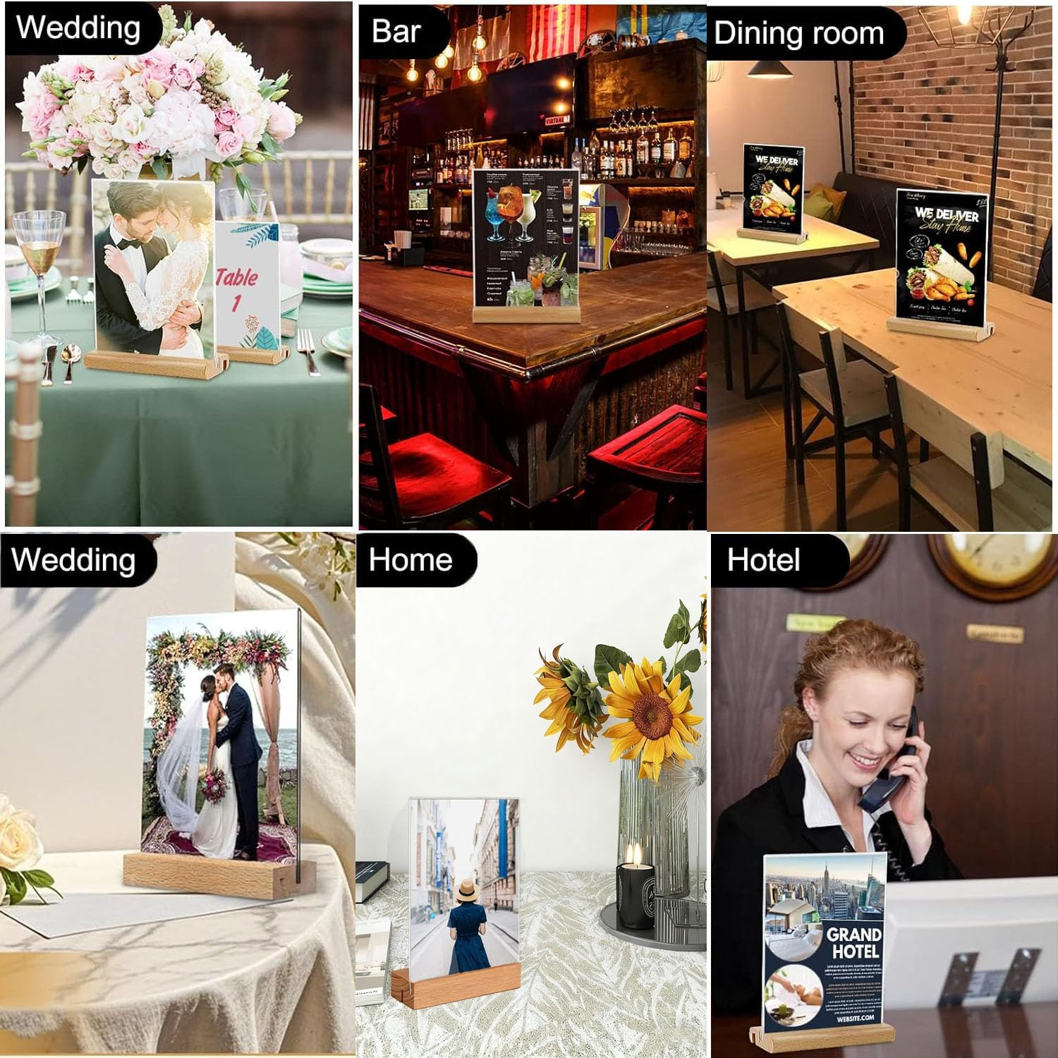 3 Pack A5 Acrylic Sign Holder with Wood Base,Clear Table Display Stand,L/T Shape Vertical & Slant Back Display,Double-Sided Tabletop Display Stand for Wedding, Restaurant, Store, Office, Hotel