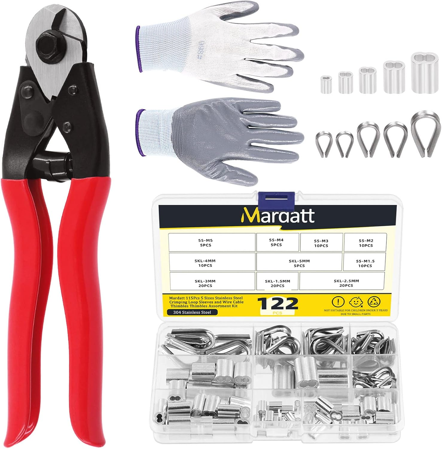Mardatt 117Pcs Cable Wire Cutter Set Includes 8" Cable Cutter, 5 Sizes Aluminum Crimping Loop Sleeve & Wire Cable Thimbles and Anti-Cutting Gloves image number 3