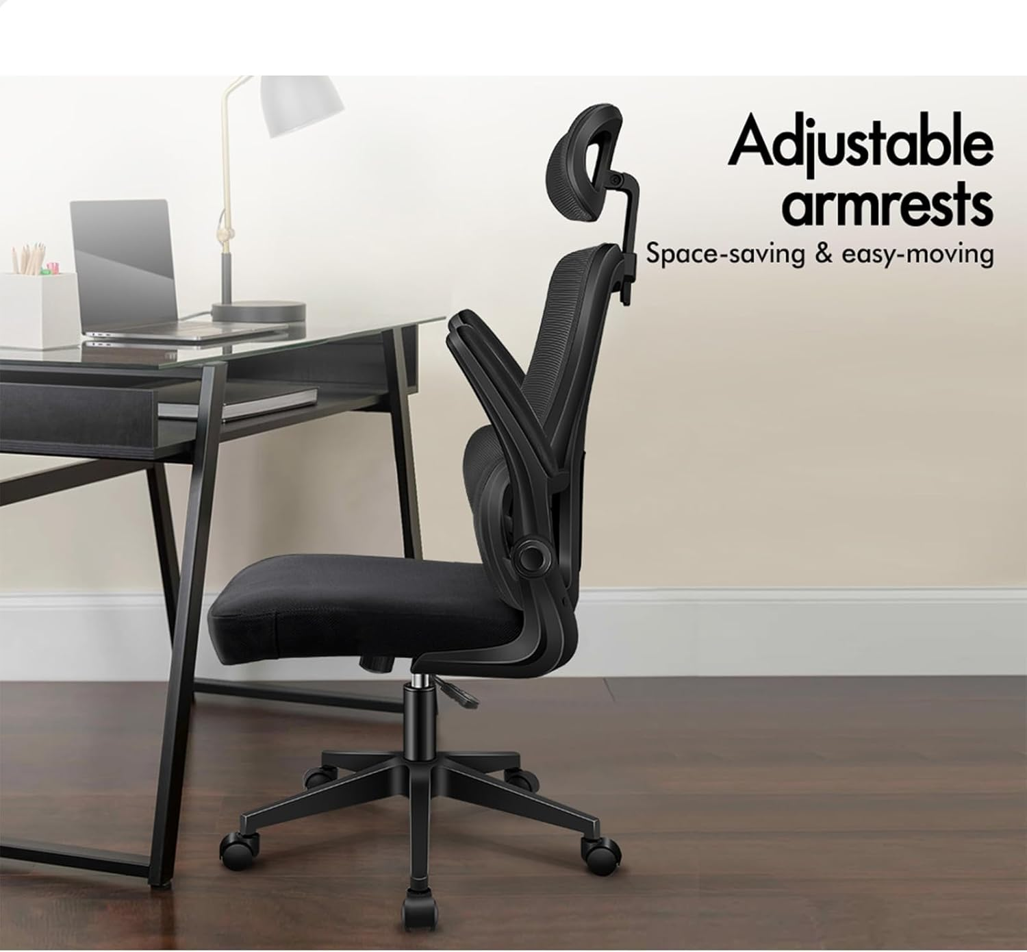 ALFORDSON Mesh Office Chair Ergonomic Mid-Back Nyles Series, Adjustable Flip-Up Arm & Headrest Gaming Racing Task Chair, Student Computer Study Desk Chair for Home Office, All Black image number 2