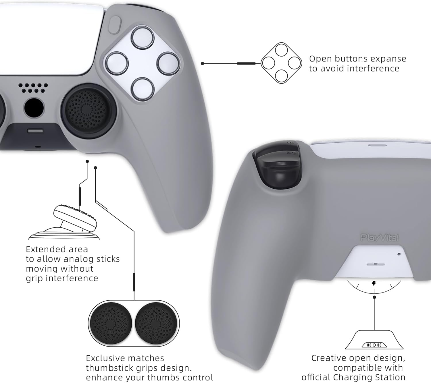 Playvital Pure Series Dockable Model Anti-Slip Silicone Cover Skin for Ps5 Controller, Soft Rubber Grip Case for Ps5 Controller Fits with Charging Station with Thumb Grip Caps - Gray image number 1