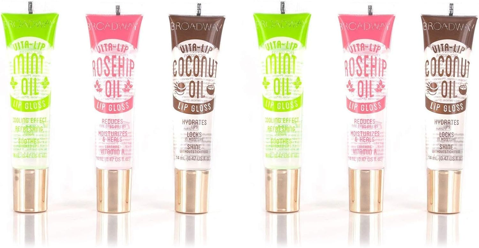 Ruby Kisses Broadway Vita-Lip Clear Lip Gloss (6 Pack Mint, Rosehip, Coconut Oil), Ultra-Hydrating & Soothing Formula with Vitamin Oils, High-Shine Non-Sticky Finish, Healing Lip Balm for Healthy Lips