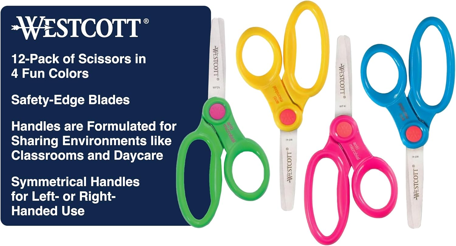 Westcott 5" School Pack of Kids Scissors with Anti-Microbial Protection, Blunt, Assorted Colors (Pack of 12) image number 6
