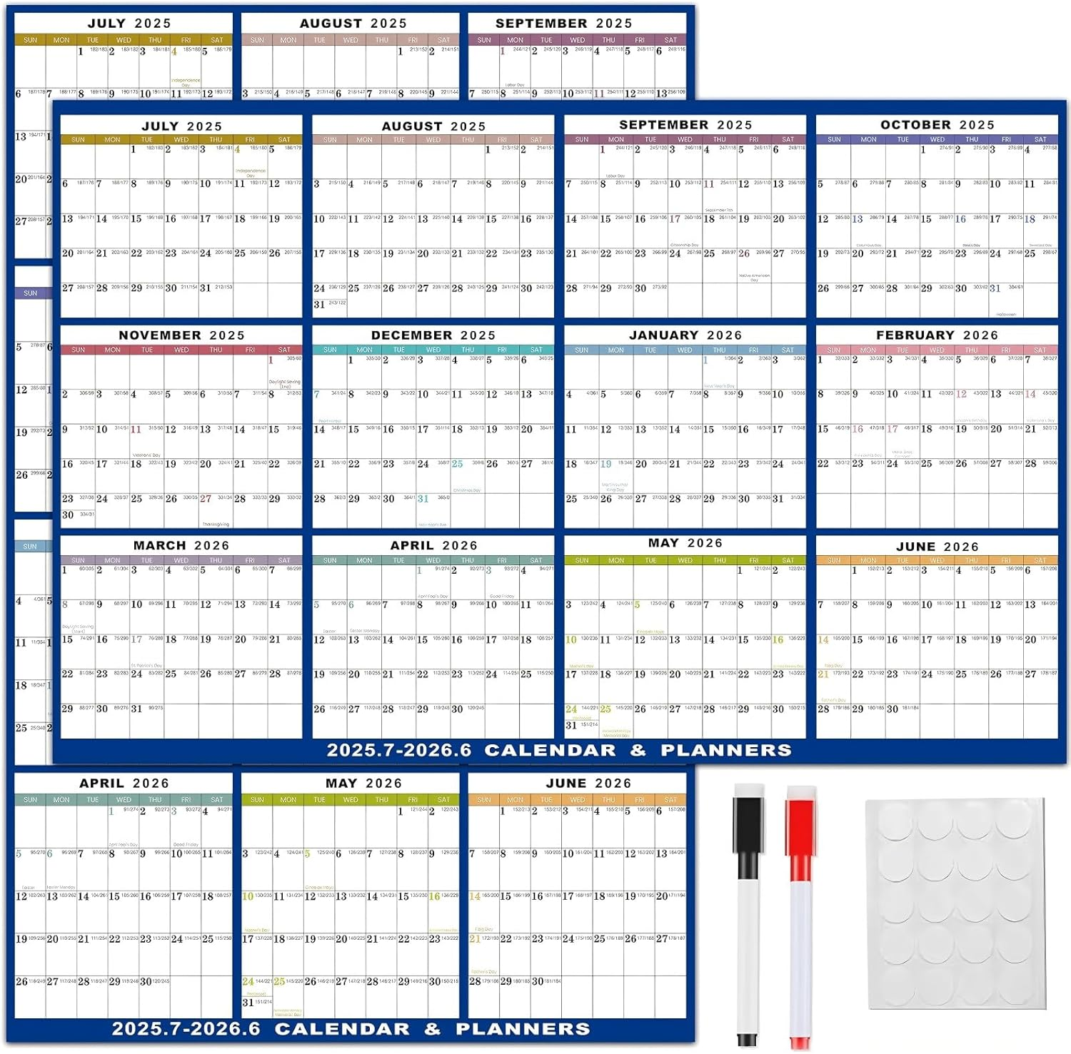 2025-2026 Wall Calendar Large, 58 X 88 Cm - Runs from July 2025 until June 2026, Wet & Dry Erasable Laminated 12 Month Planner, Reversible, Horizontal/Vertical, 2 Erasable Pens & Double-Sided Adhesive