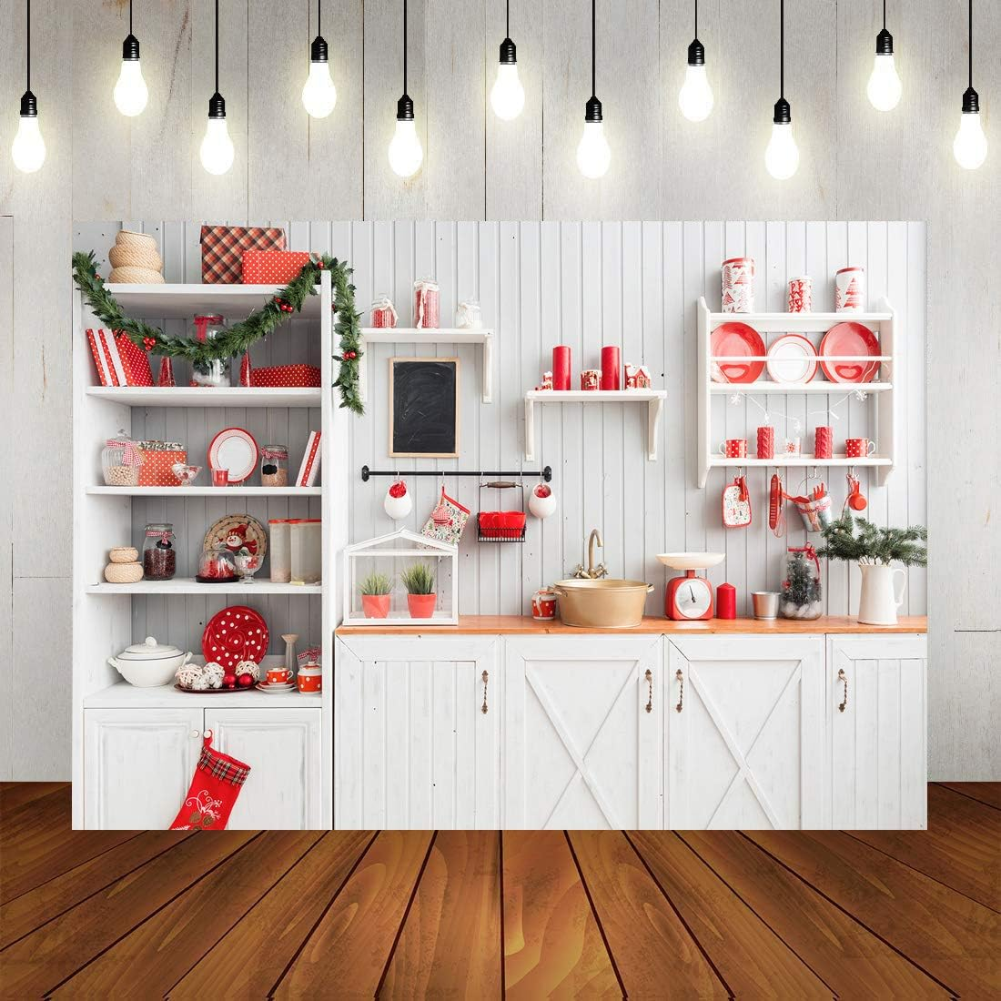 9X6FT Christmas Backdrop Xmas Kitchen Photography Background Indoor Photobooth Decor Photo Studio Newborn Baby Portrait Props WXL52B