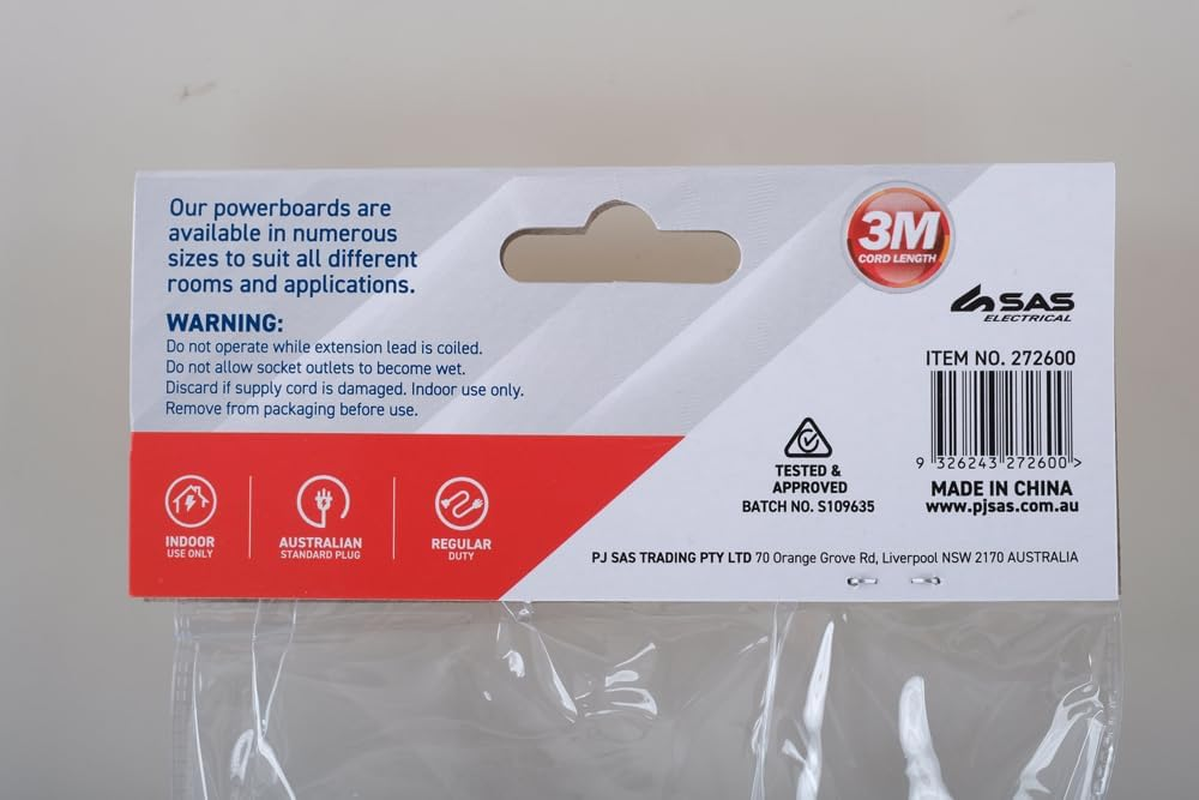 SAS Electrical 240V 10Amp 4 Outlets Power Board with Surge Protection, White, 3 Meter