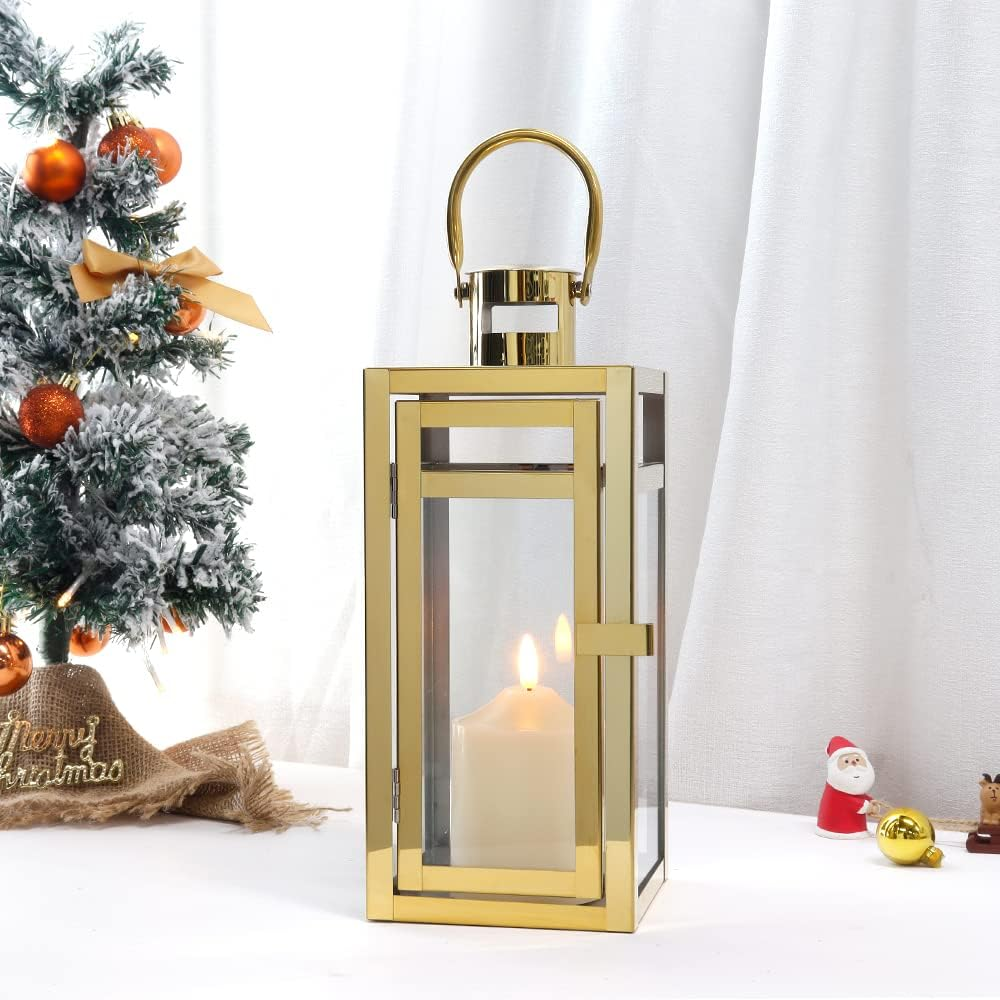 TRIROCKS Set of 2 Stainless Steel Decorative Lantern 12'' High Metal Candle Holder Outdoor Candle Lantern with Tempered Panels for Home Decor Living Room Parties Events Tabletop Indoor Outdoor (Gold) image number 2