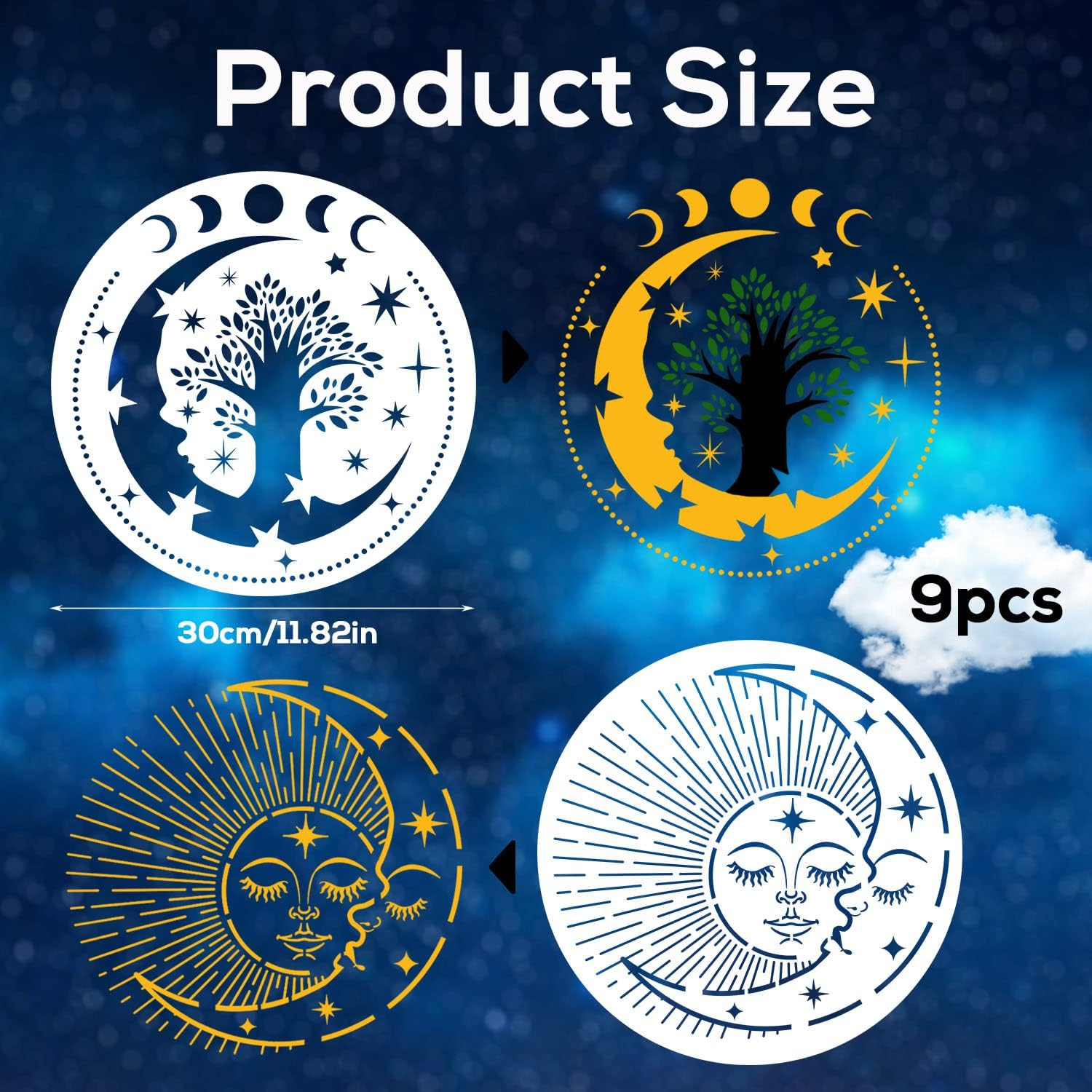 9Pcs Mandala Sun and Moon Stencil, Star Sun and Moon Stencils Reusable Mandala Sun Stencils Decoration Moon Template for Painting Crafts Wood Wall Furniture Home Decor image number 6