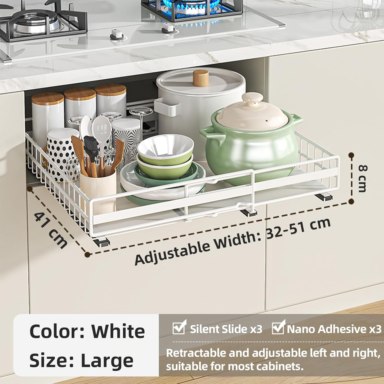 TOJUNE Pull Out Cabinet Organizer, Adjustable Expandable 3-Slide Rails Drawers, Self Adhesive/Punch with Nano Film for Kitchen, Pantry, Shelves Storage, Living Room, Bathroom (White, Large) image number 2