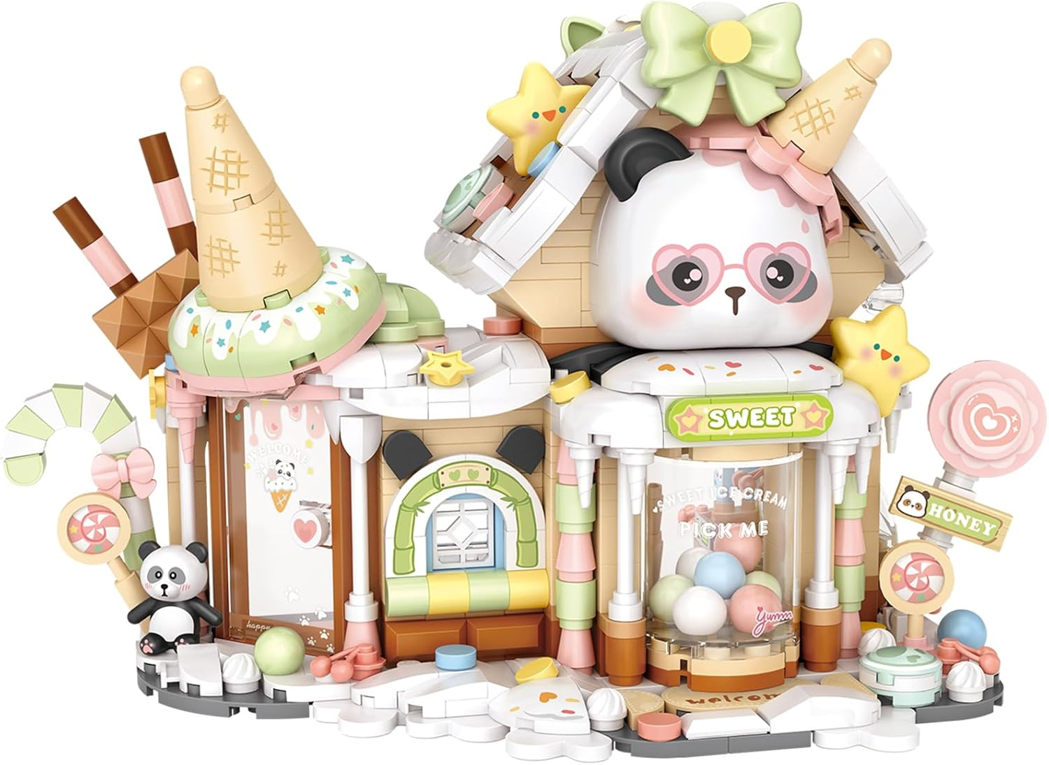 MEIEST Panda Ice Cream Shop Building Blocks Set,Mini City Shop Street View Particle Construction Building Bricks Toy,Home Decoration image number 5