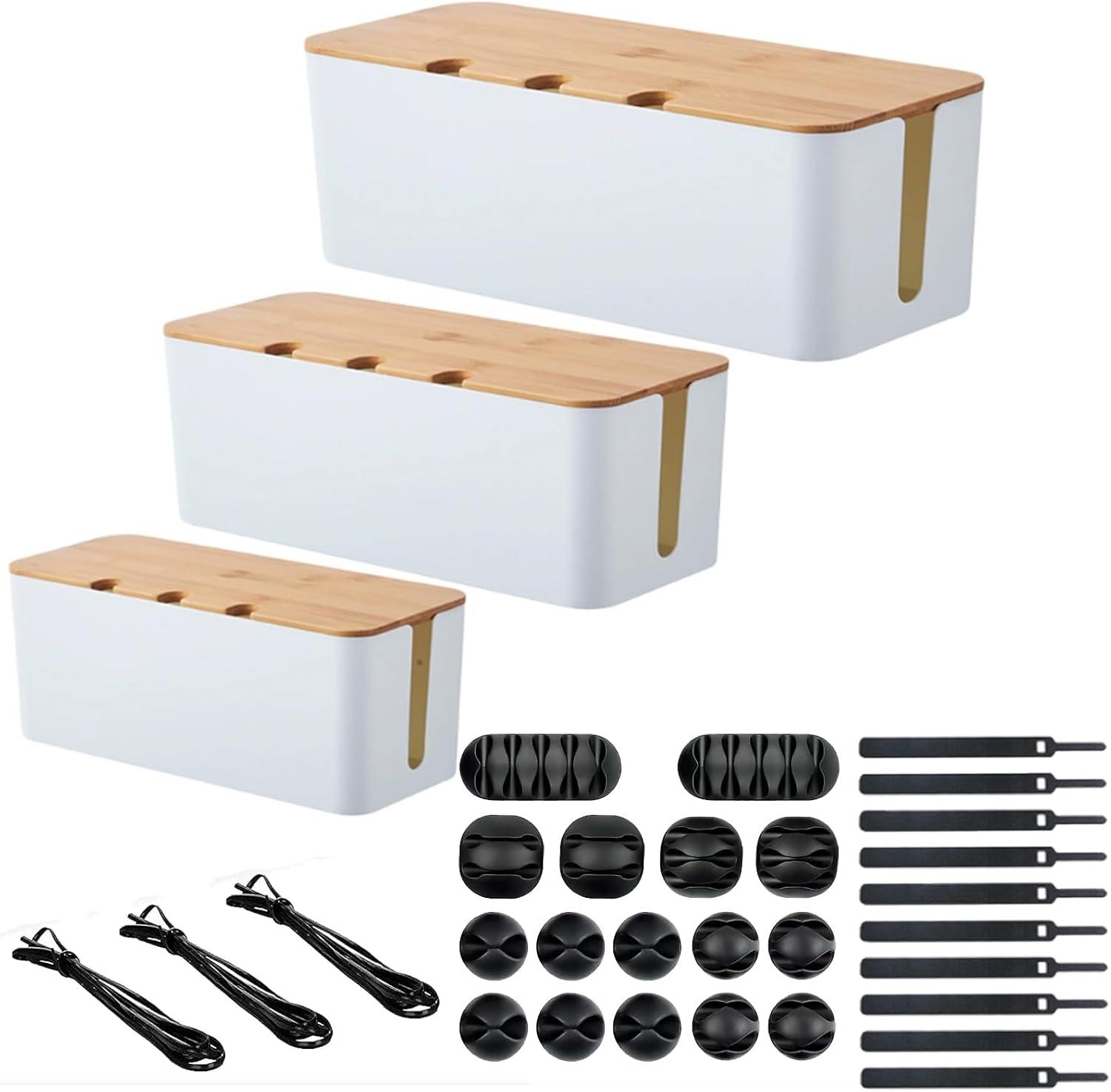 Cable Management Box - 3Pack Medium & Large Cord Organizer for Desk & Floor, Cable Organizer Box for Child & Pet - Cable Box Hider for Tidy Office & Home (Bamboo Print Lid, White Box, Pack of 3) image number 5