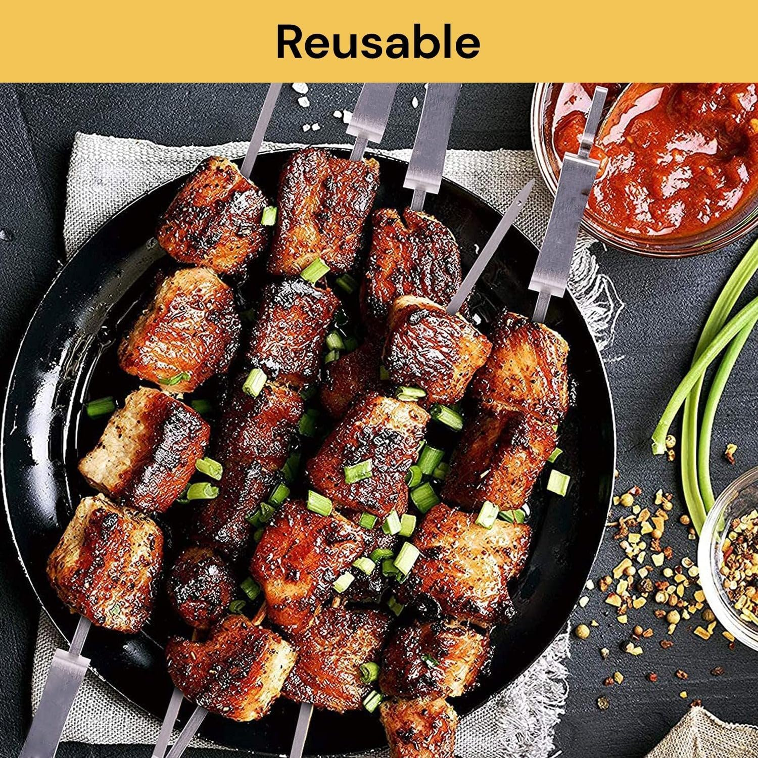 EZONEDEAL Reusable BBQ Skewers for Grilling, Grill Skewers, Shish Kabob Skewers with Push Bar, 15 Inch Stainless Steel BBQ, Metal Sliding Handle for Meat Shrimp Chicken Vegetable Grilling 2PCS